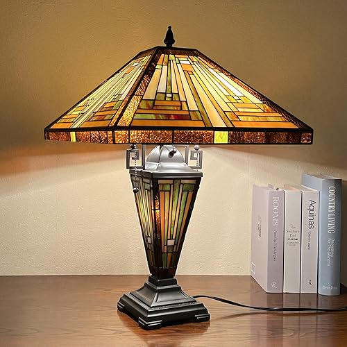 Miniatura 4 de Capulina Tiffany - Lámpara de mesa grande de 3 luces con luz nocturna, diseño rústico misión vintage, para el hogar, sala de estar, dormitorio