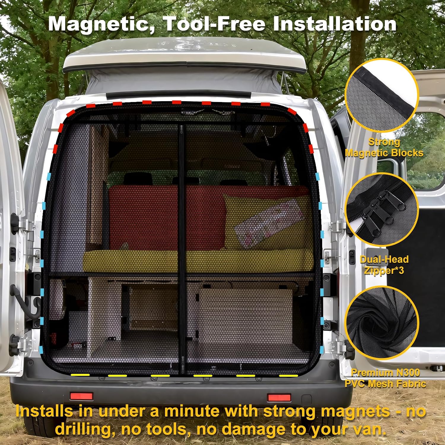 ZATOOTO Magnetic Van Bug Screen, RV Screen Door with Zippered Center Seal for No Bug Gaps, Universal Fly Door Screen Magnetic for Ford Transit RAM Promaster High Roof Campervans, 79"(H) x 67"(W)
