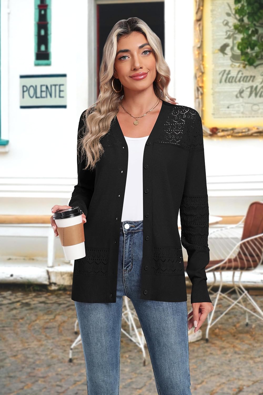Jouica Women's Cardigan Sweaters 2025 Long Sleeve Cardigans for Women Lightweight Trendy Corchet Hollwed-Out V-Neck Sweater - Image 2