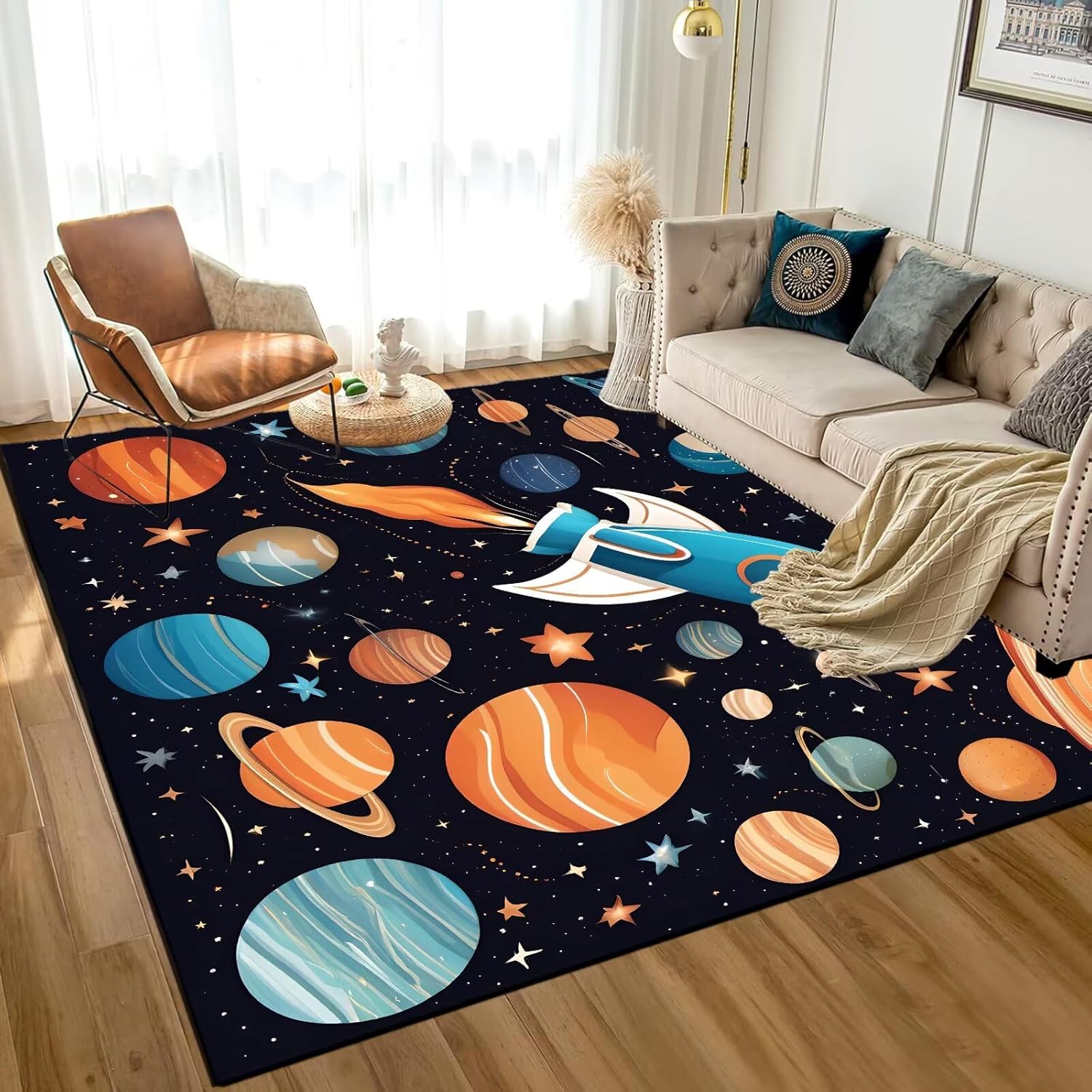 5' x 7' Space Rocket Rug for Kids Bedroom Cartoon Planet Stars Rugs Galaxy Carpet Printed Throw Rugs for Boys Children Living Room,150x210cm