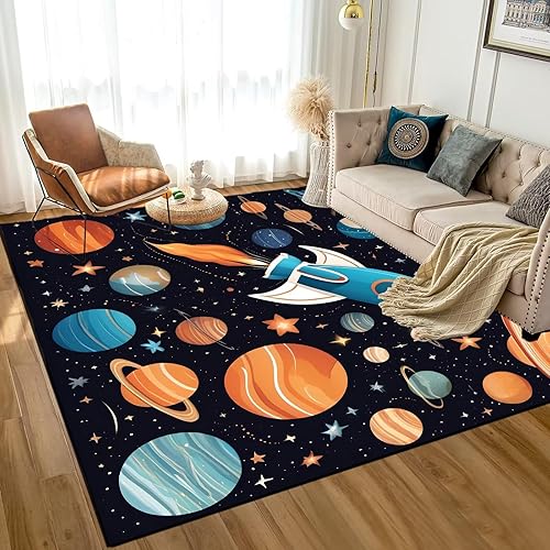 Miniatura 21 de Alfombra con Diseño de Galaxia y Planetas, Alfombra de Astronautas del Espacio, Alfombras Decorativas para Habitación de Niños Varones Adolescentes,