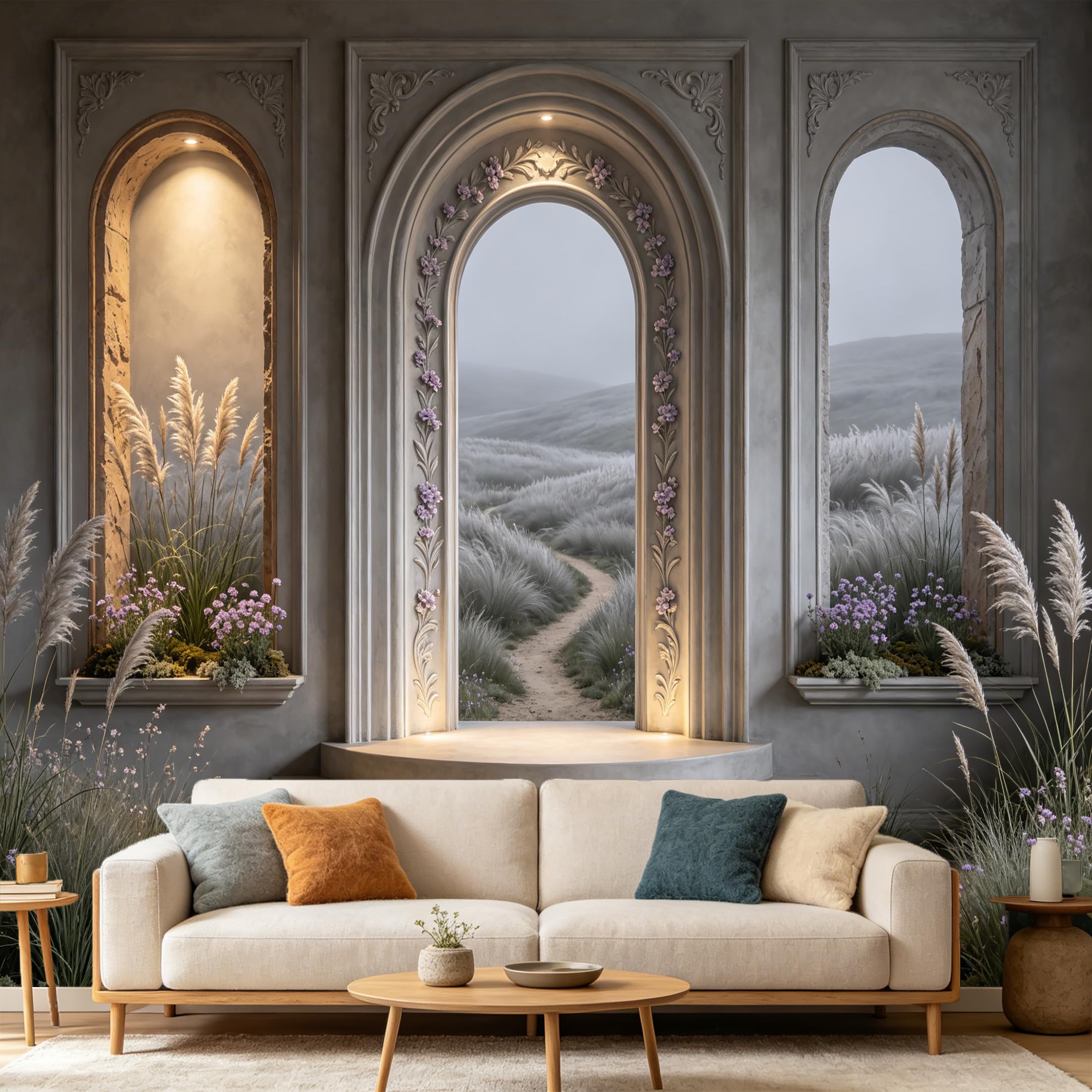 Custom Size Wall Mural， 3D Archway Landscape Meadow Flowers， SelfAdhesive Art Prints wall Fabric Removable Large Wallpaper Home Living Room Decor， Elegant Neoclassical