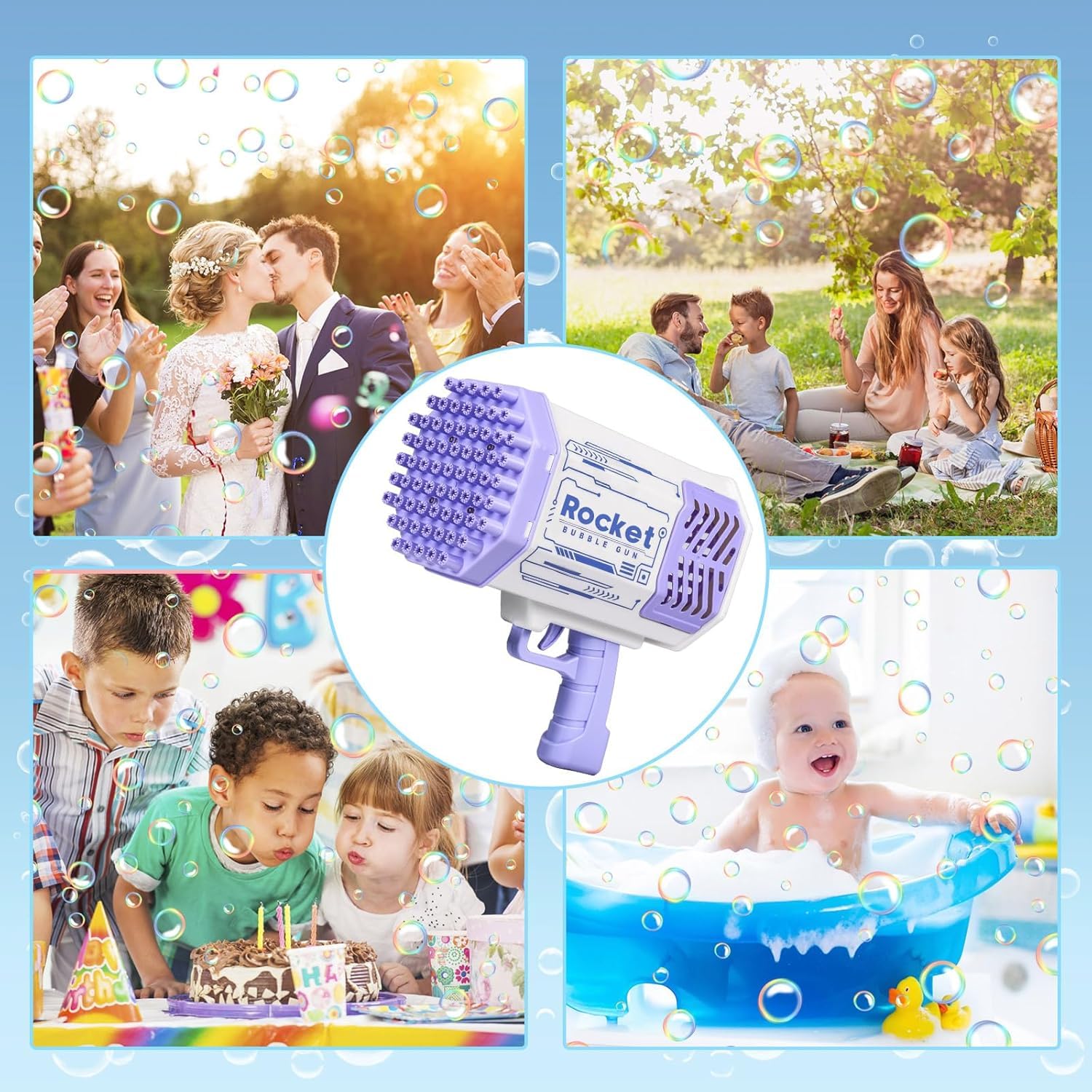 JONRRYIN Macchina Fare Bolle Automatica, 69 Buche Bubble Gun, Pistola Bolle Sapone, Giocattoli Creazione con Due Bottiglie Acqua Saponata Compleanno Festa Nozze Giochi Coperto e All'aperto (Purple)