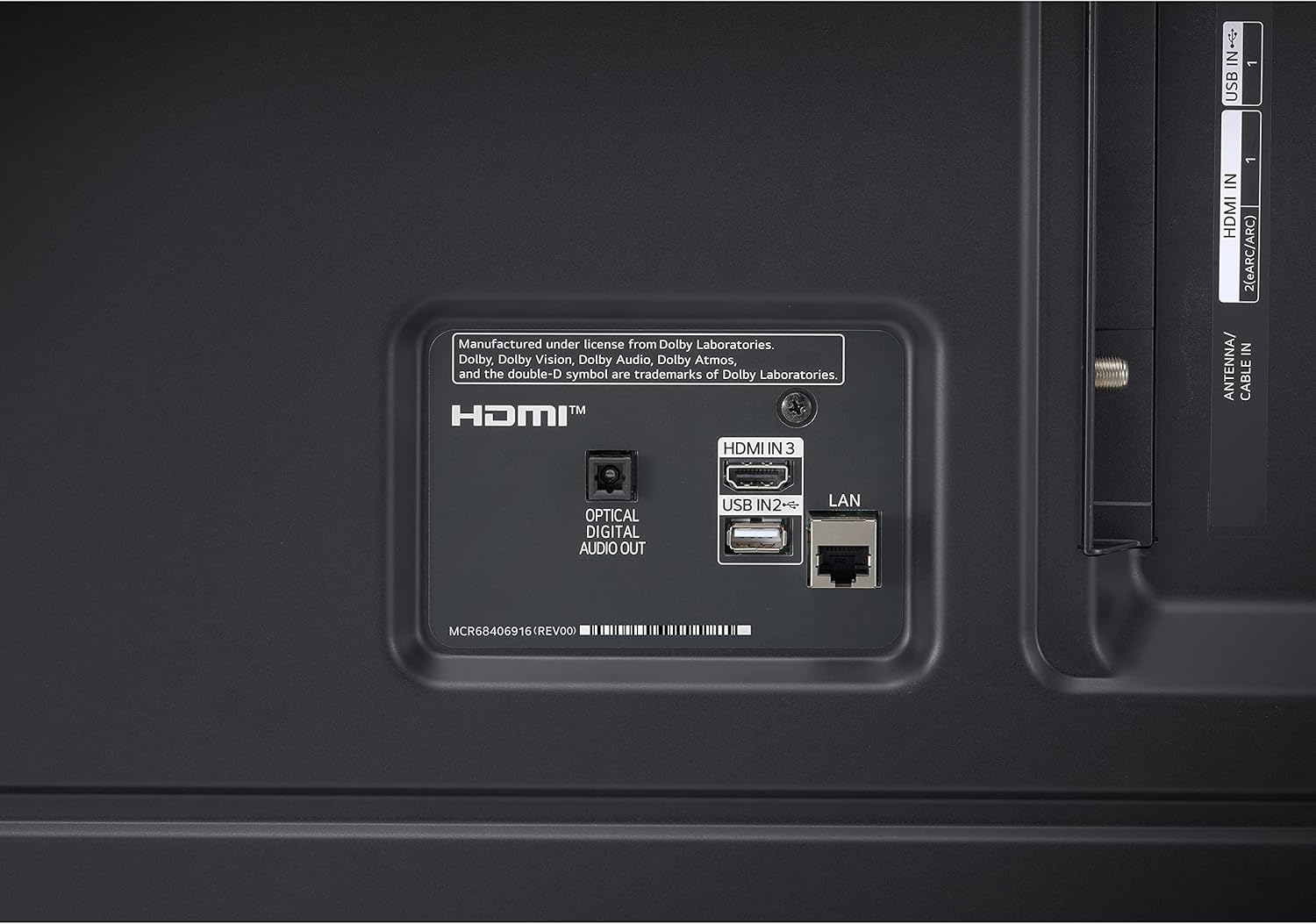 Close-up view of the LG TV's rear ports including HDMI, USB, LAN, and Optical Digital Audio Out