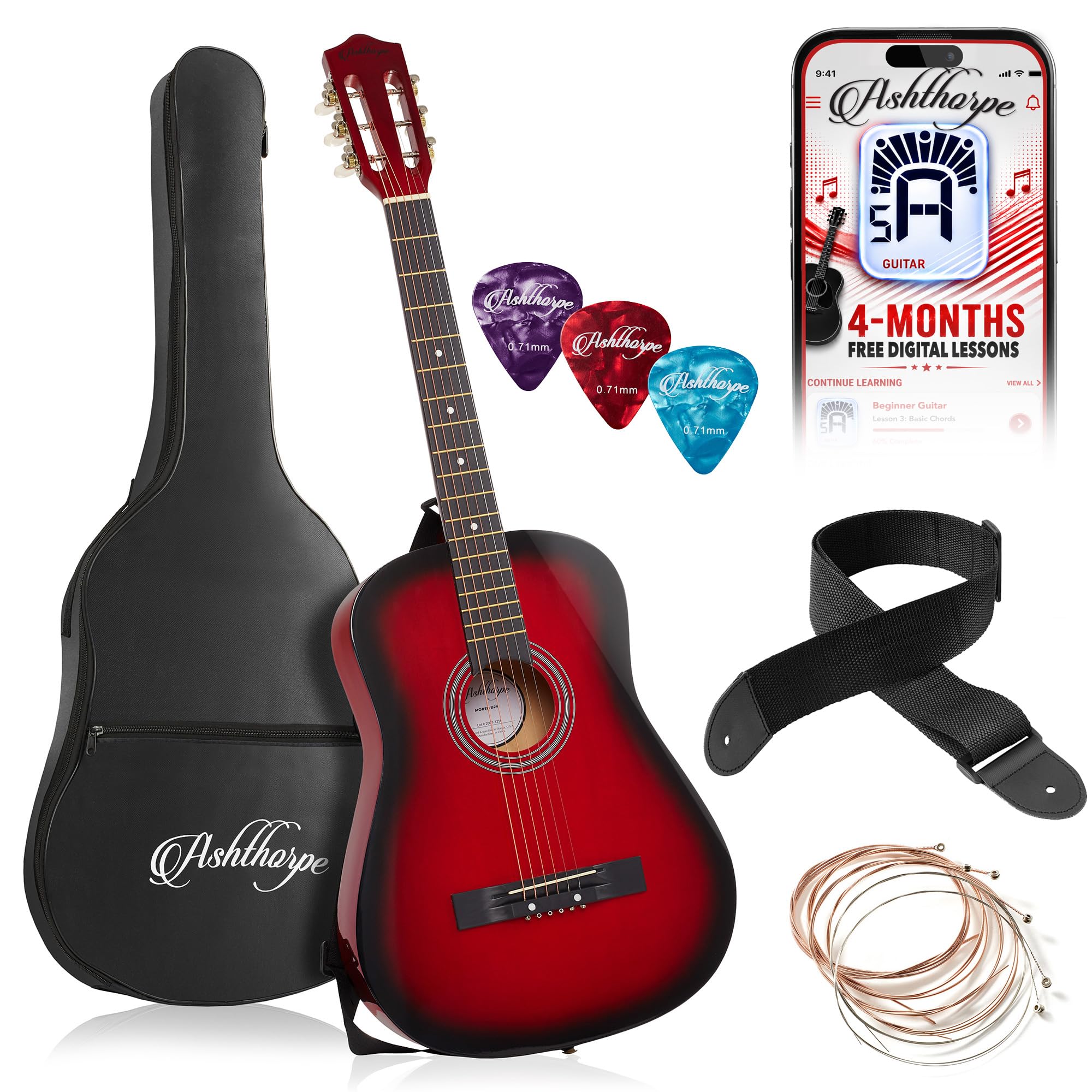 Ashthorpe 38-inch Beginner Acoustic Guitar (Red), Starter Kit with Gig Bag, Extra Strings, Strap, Picks, and Lessons