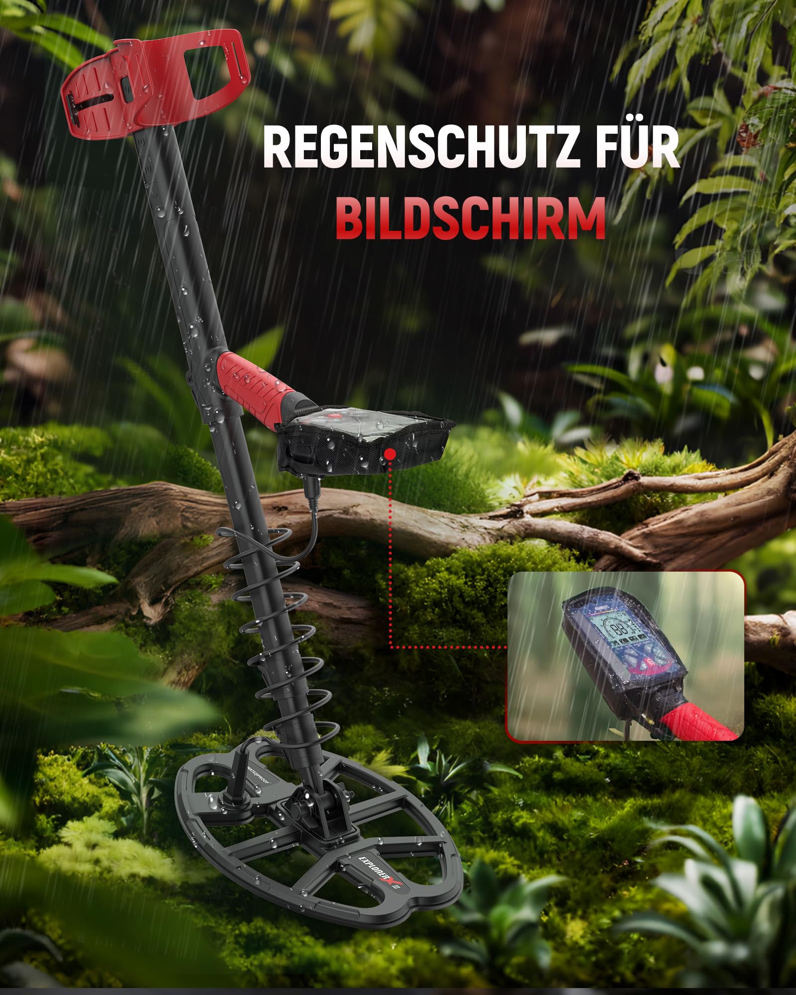 KAIWEETS Metalldetektor Profi, wasserdichte Doppel-D-Spule, 5 Modi Goldsuchgerät mit Upgrade Teleskopstange, Wiederaufladbarer Akku, Pinpointer, Verbesserter Grabungsmesser, Regenabdeckung (Rot)