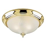 6430200 Two-Light Flush-Mount Interior Ceiling Fixture, Polished Brass Finish with Frosted Swirl Glass White
