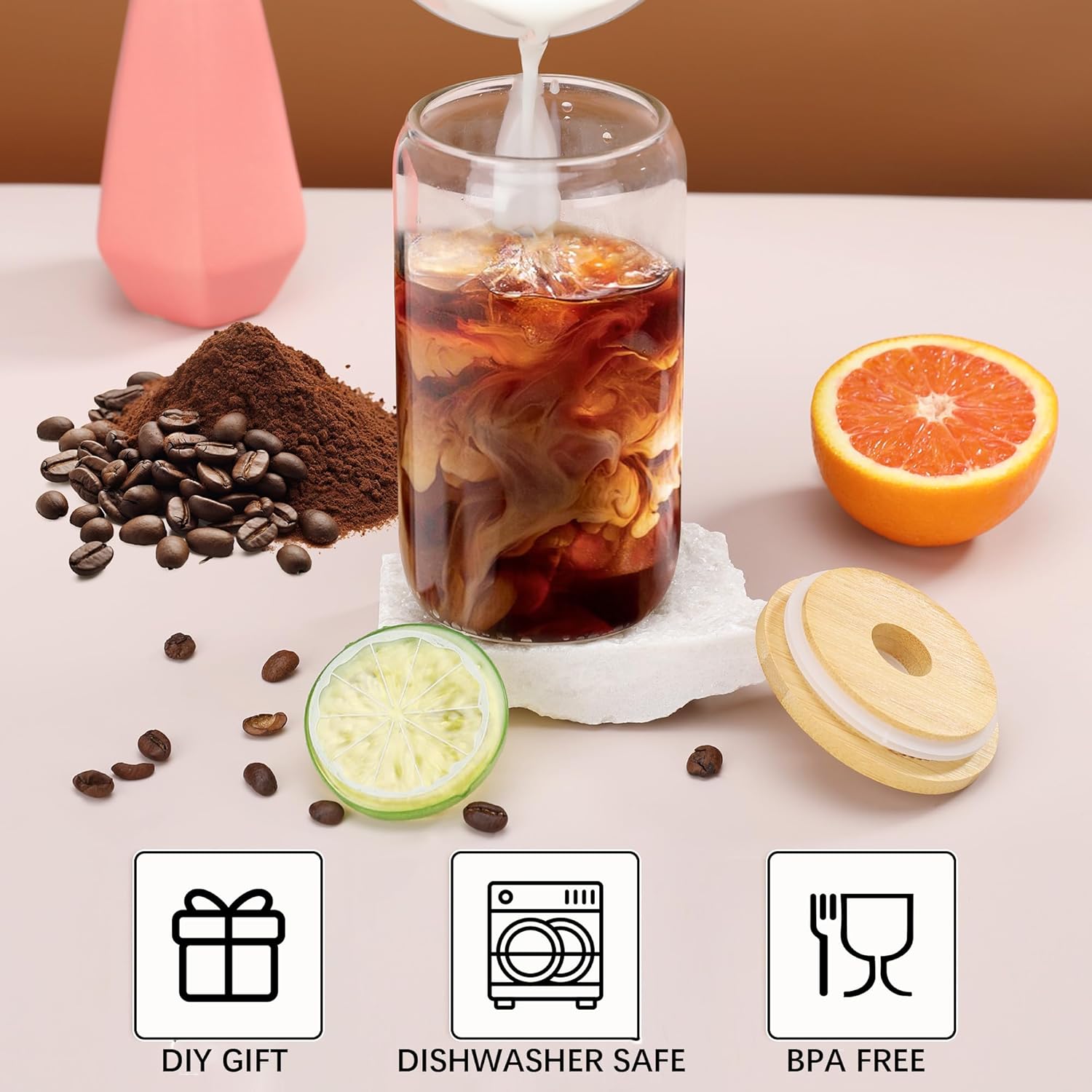 16oz Glass Cups with Bamboo Lids and Straws, Reusable Drinking Glasses Set, Classic Iced Coffee Cup for Smoothies Water Juice Beer, BPA-Free Glass Tumbler Set (16oz 6pack clear) - Image 4