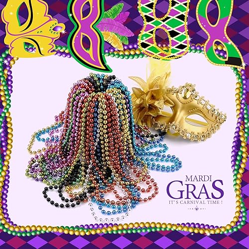 Miniatura 5 de SHAOQINLIN 144 collares de cuentas moradas metálicas de 33 pulgadas y 0.276 in, collar de cuentas para fiesta de Mardi Gras, collares redondos a