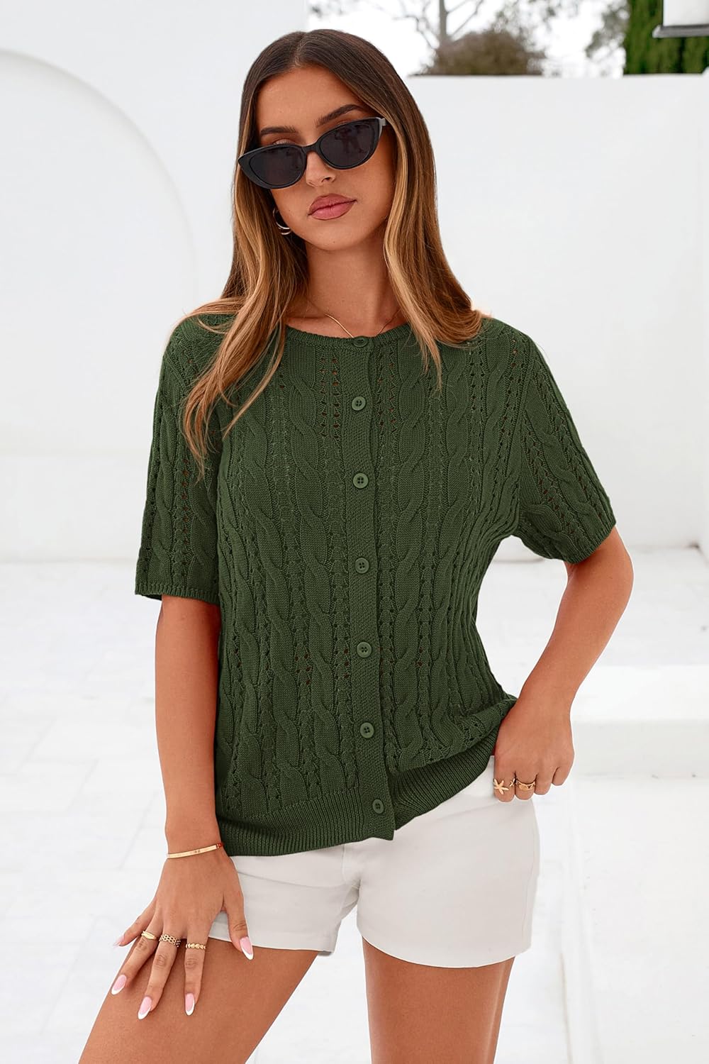 MASCOMODA Women Summer Cable Knit Crochet Cardigan Sweaters Casual Button Short Sleeve Sweater Cute Beach Hollow Out Knit Top - Image 2