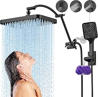 13 Inch High Pressure Shower Heads with Handheld Spray Combo, Rain Shower Head Extension Arm 19 Inch, Black Rainfall Shower Head with Handheld