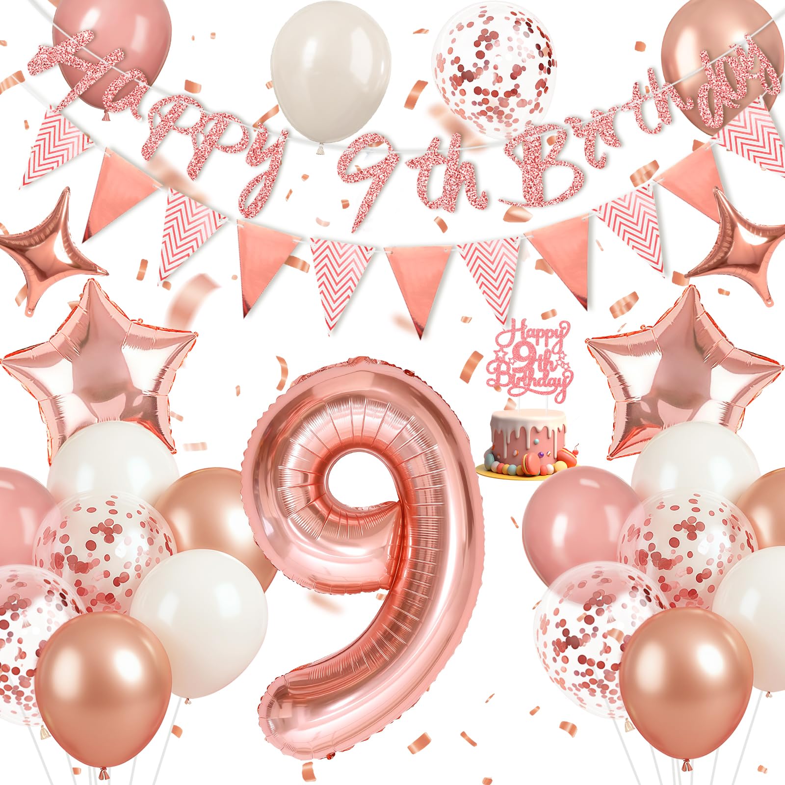Happivue 9th Birthday Decorations for Girls, Sweet 9th Birthday Balloons Party Decoration With Banner, Cake Toppers and Triangle Flags, Foil Balloon, 9 Years Old Rose Gold Birthday Gifts for Her