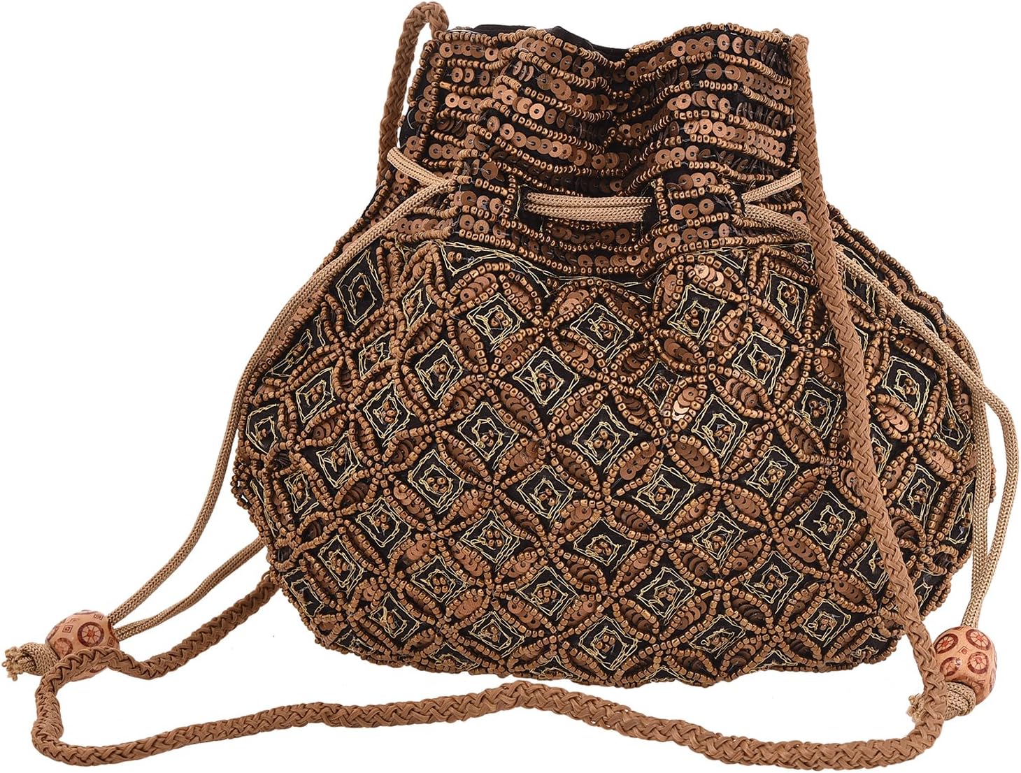 Craft Trade Women's Cotton Embroidered Potli Bag with Drawstring and Pearl Handle Pouch Golden Work Ladies Purse for Bridal