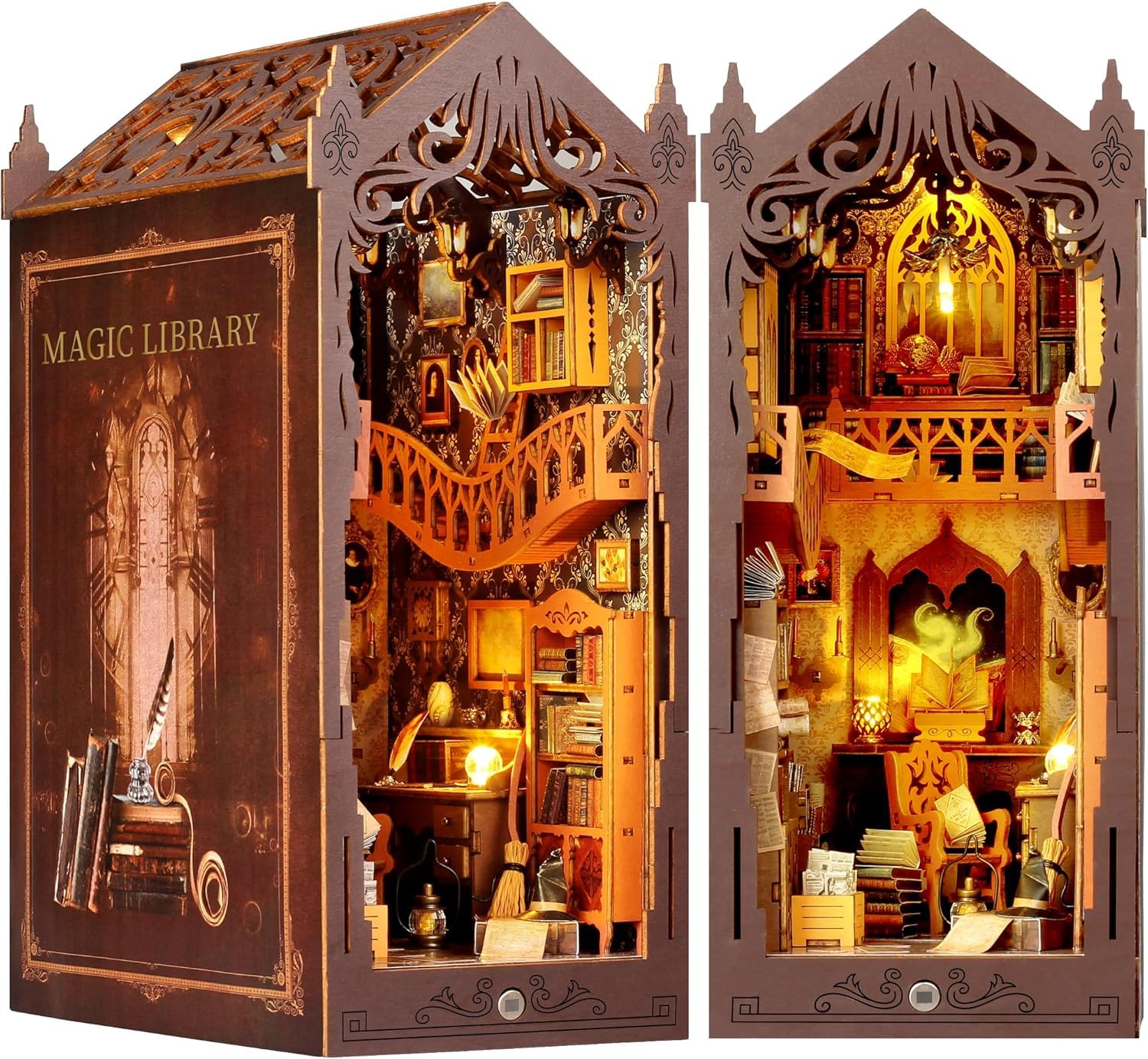 DAJASD Book Nook DIY Wooden Puzzle with Furniture & Sensor LED Lights, Miniature Dollhouse Booknook for Bookshelf Insert Decor, Model Kit for Adults & Teens Gift
