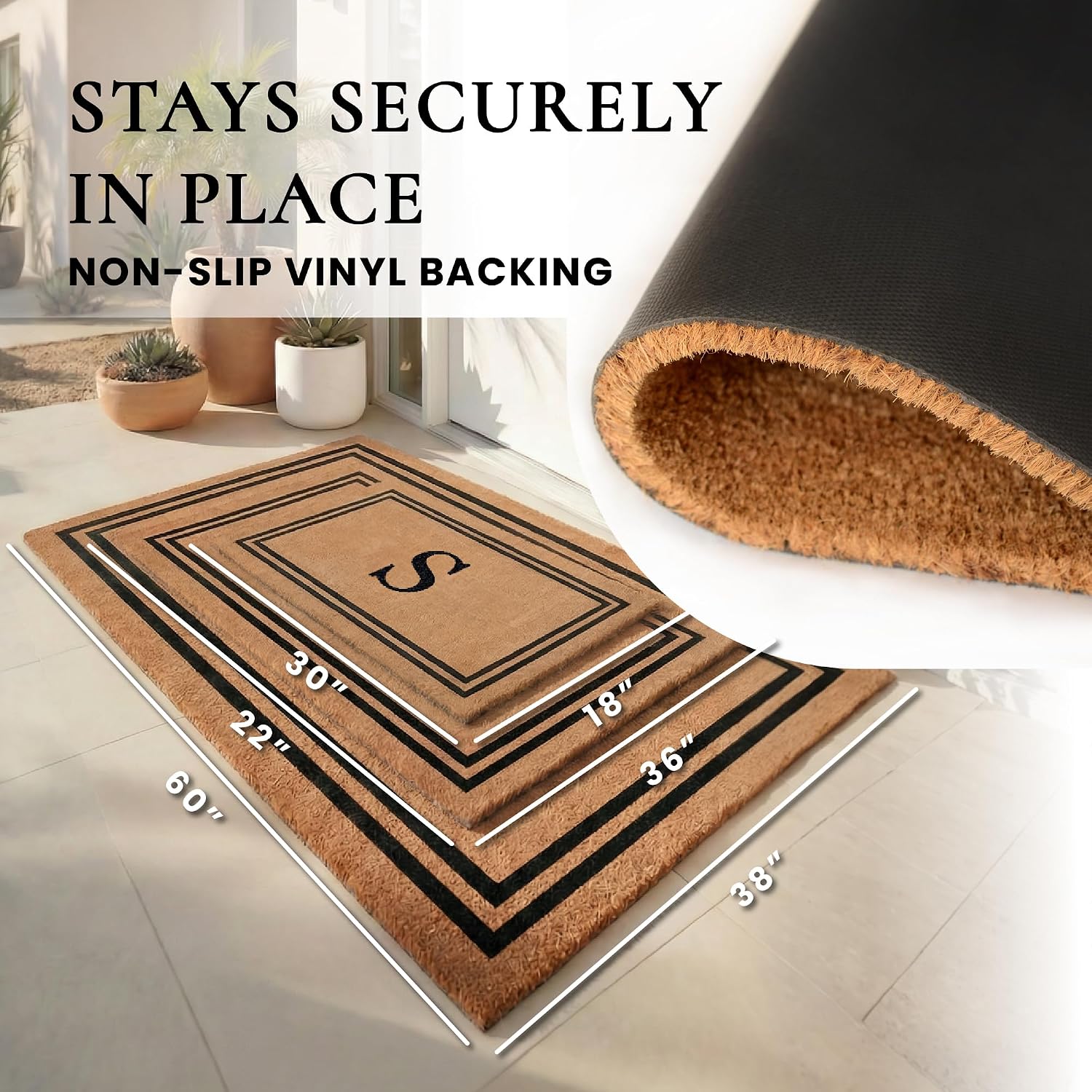 COCO MATS 'N MORE Personalized Coco Coir Front Door Mat – Monogrammed Welcome Porch Mat for Home Entrance, Heavy-Duty Vinyl Backing Non Slip Mat (22” x 36” | Black | Double Border | Made in USA)