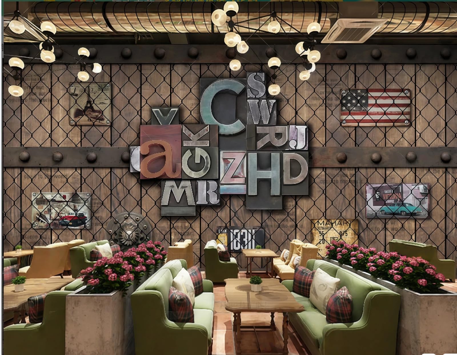 Nostalgiczna tapeta retro drut kolczasty angielskie litery bar centrum handlowe zachodnia restauracja tło ścienne popołudniowa herbata kawa tapeta, 3D, 350x245cm