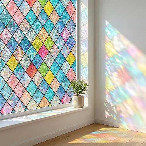 Coavas Window Privacy Film Stained Glass Window Clings 3D Rainbow