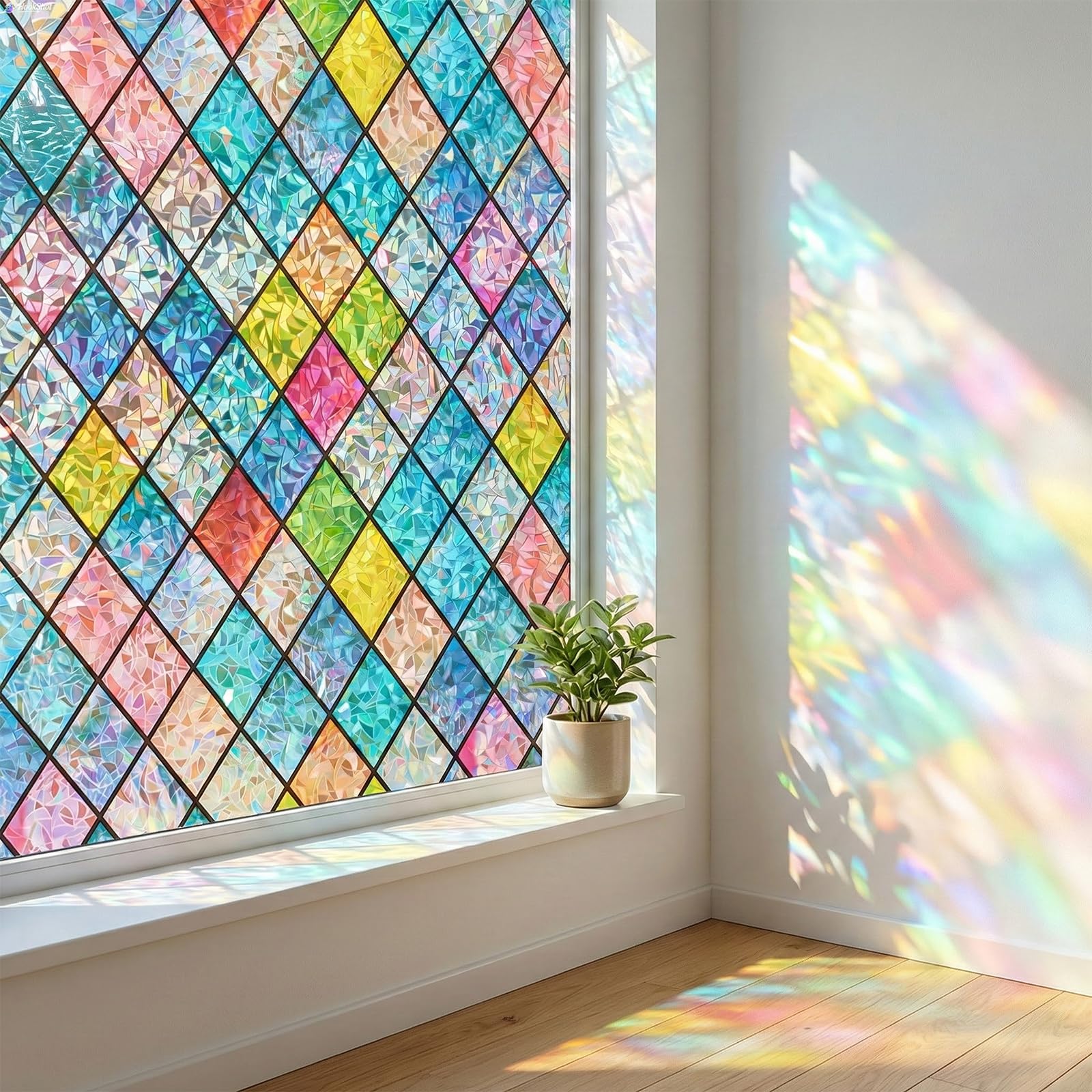 Film vitrail bloquant le soleil et les regards avec effet arc-en-ciel 3D