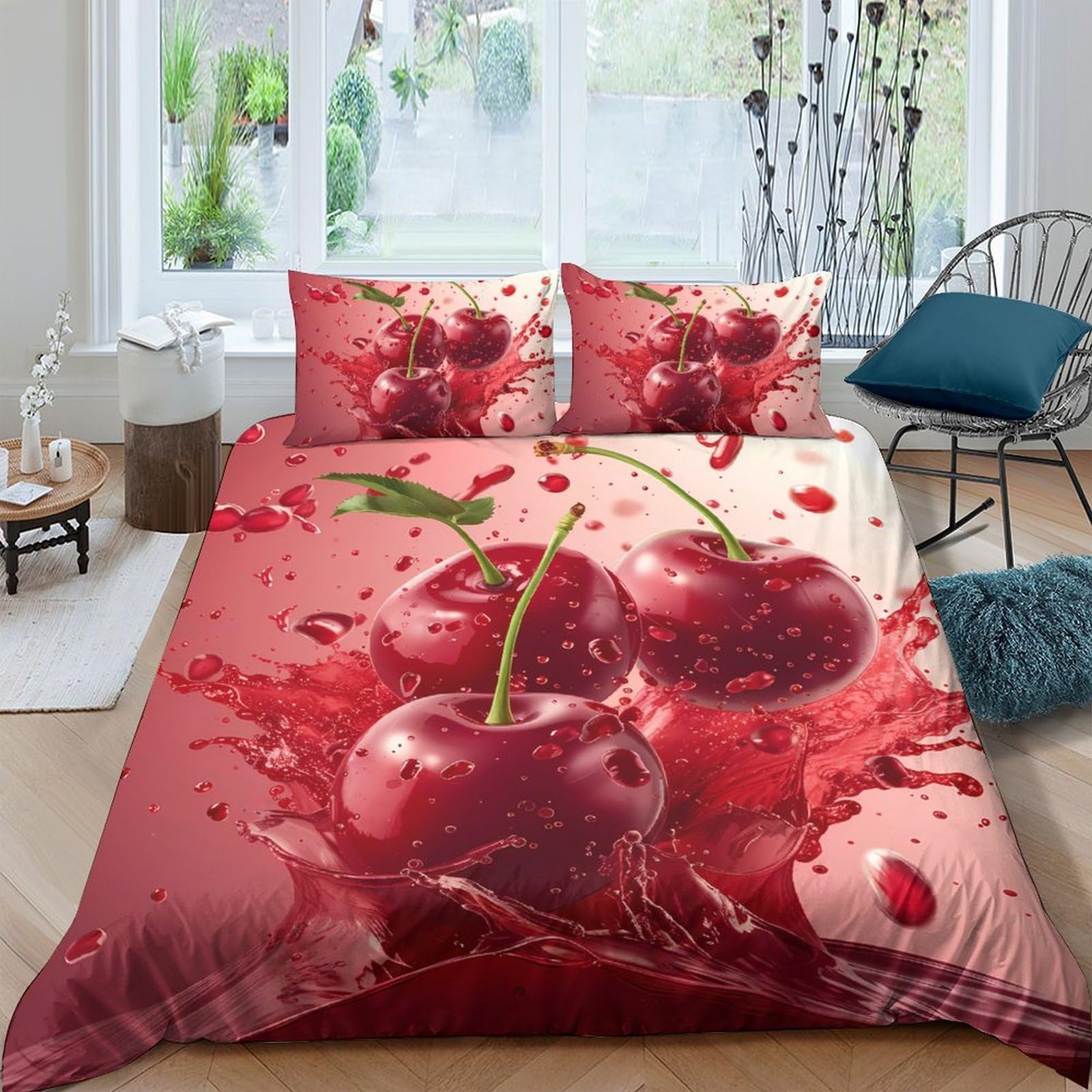 Ctjqhvkz Style-10 3D Printed Cherry Splash Fitted Sheet Microfiber Red Fruit Bed Cover For Bedroom Dorm Easy Care Decor Single（135X200cm）