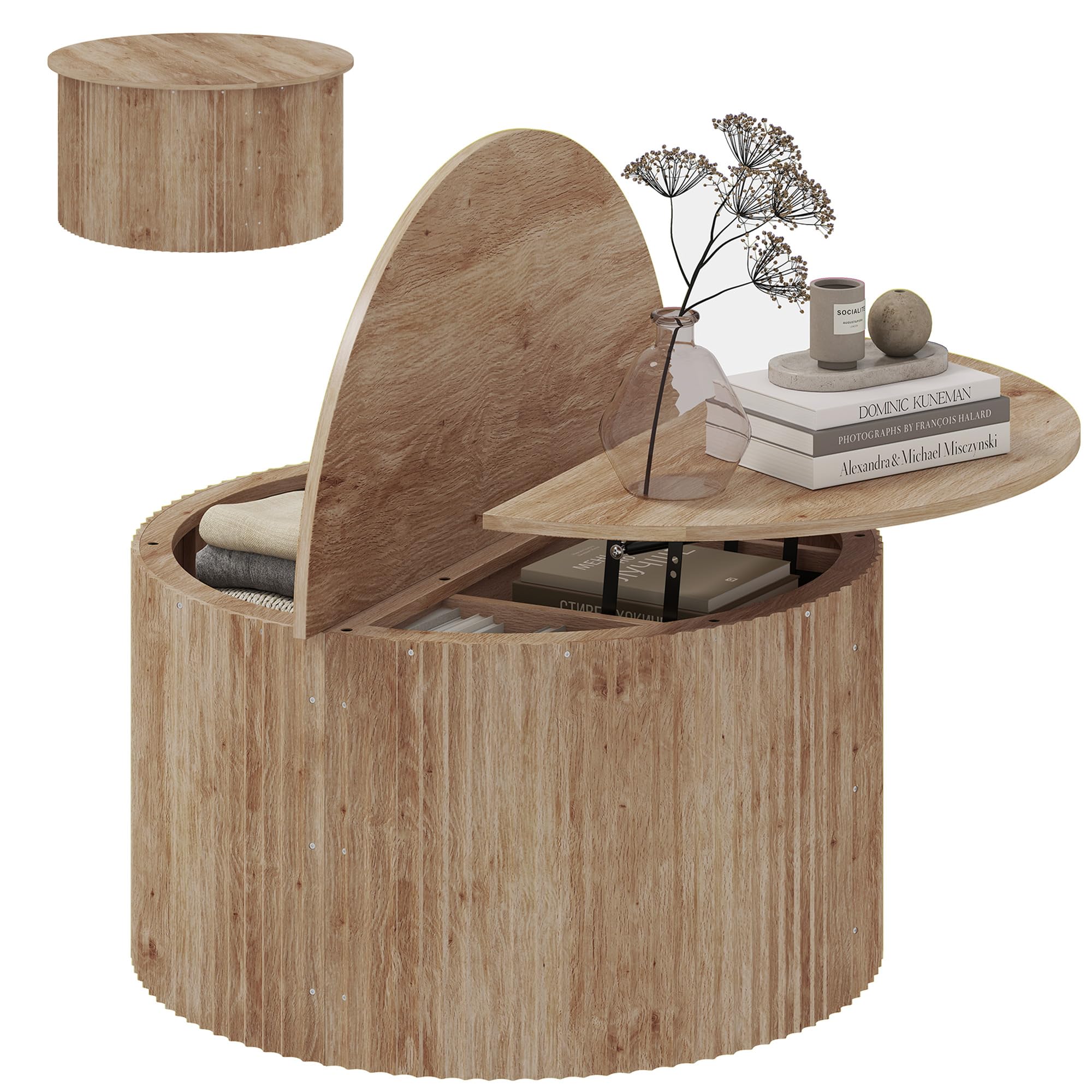 HOMCOM Mesa Centro elevable 32" Acanalada Comp. Ocultos Madera Natural | Mesa de centro redonda moderna, tapa abatible con cierre suave, para sala de estar