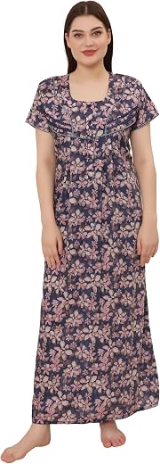 GLAMORAS Bizzy Lizzy Cotton Nighty Gown with Side Pocket for Women | Regular, Digital Printed &amp; Full Length Maxi Night Gow...