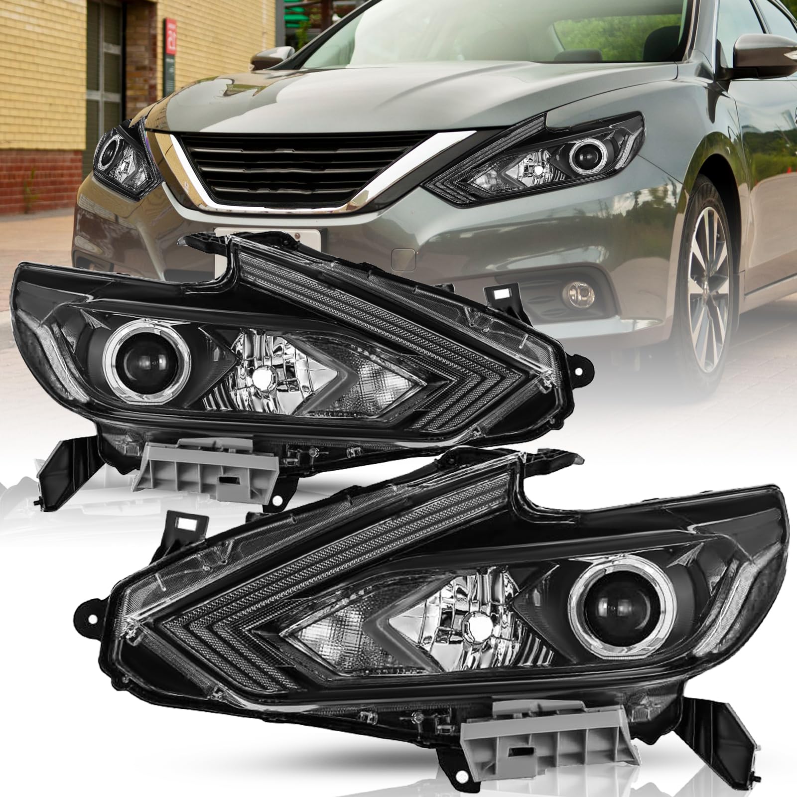 [Halogen Model w/o LED DRL Headlight Assembly Replacement for 2016 2017 2018 Nissan Altima Black Housing Clear Reflector Headlamp Passenger and Driver Side