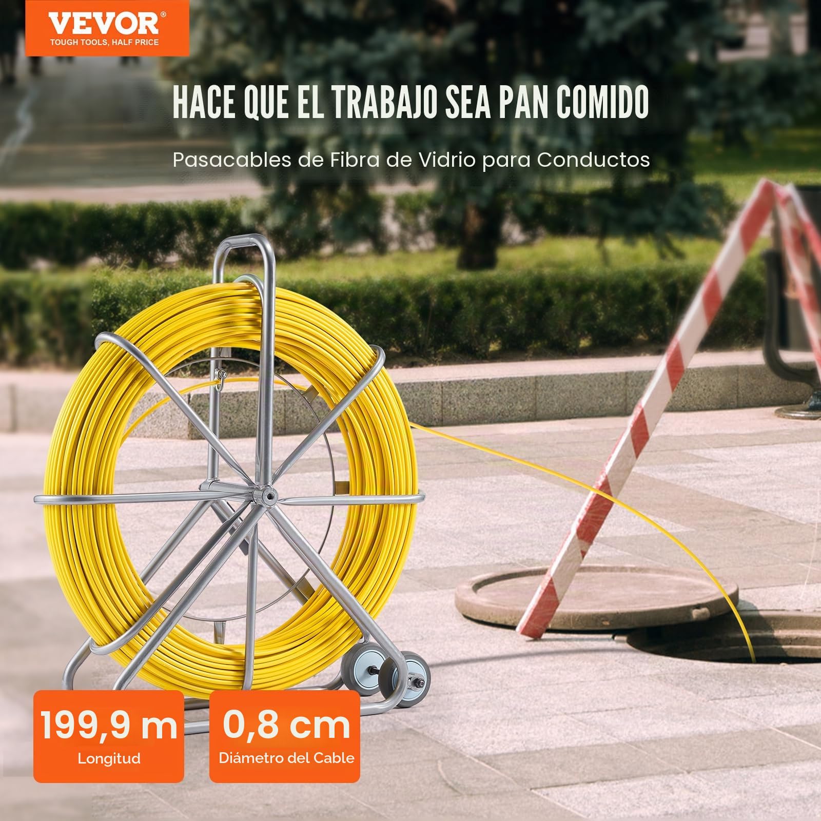 VEVOR Cinta de Pescado de Fibra de Vidrio de 200,09m Diámetro de 7,94mm Extractor de Cables con Varilla para Pasar Cables, Soporte de Carrete de Acero, 3 Cabezales de Extracción, Herramientas de Pesca