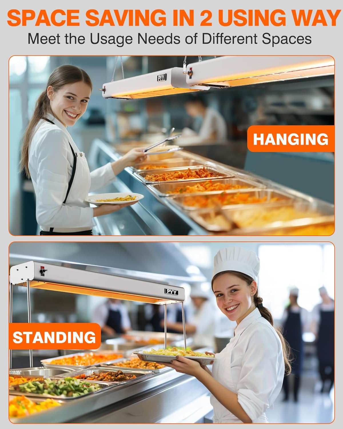 PYY Food Heat Lamp - Food Warming Lamp Heater for Catering Kitchen Restaurant Buffet, Aluminum Overhead & Hanging Food Warmer Lamp Strip 750W,36 Inch,Silver