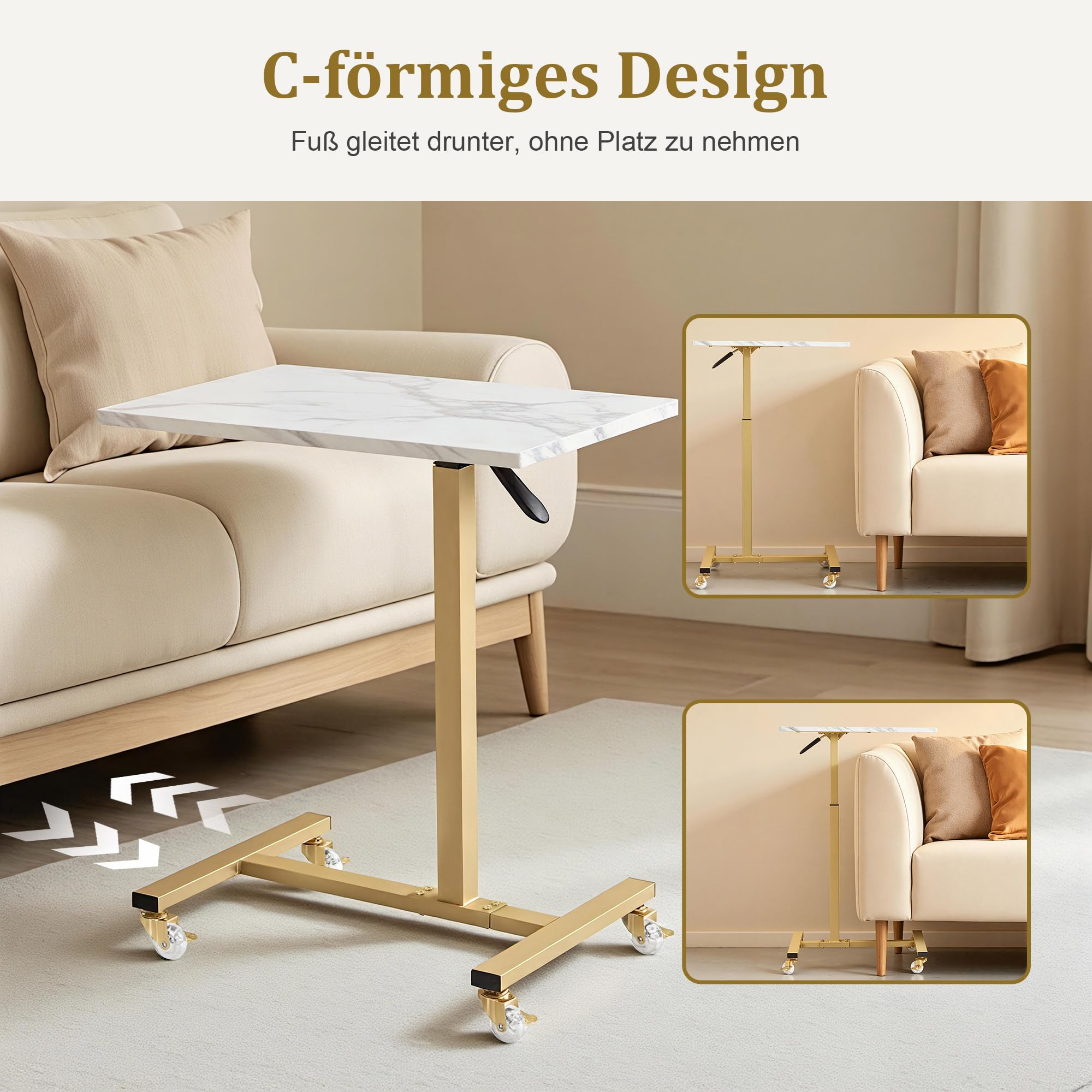 Barberpub Beistelltisch mit Rollen Höhenverstellbar Salon-Tablettwagen Gold C Form Friseurwagen 40x60x72/97cm Weiß-Gold