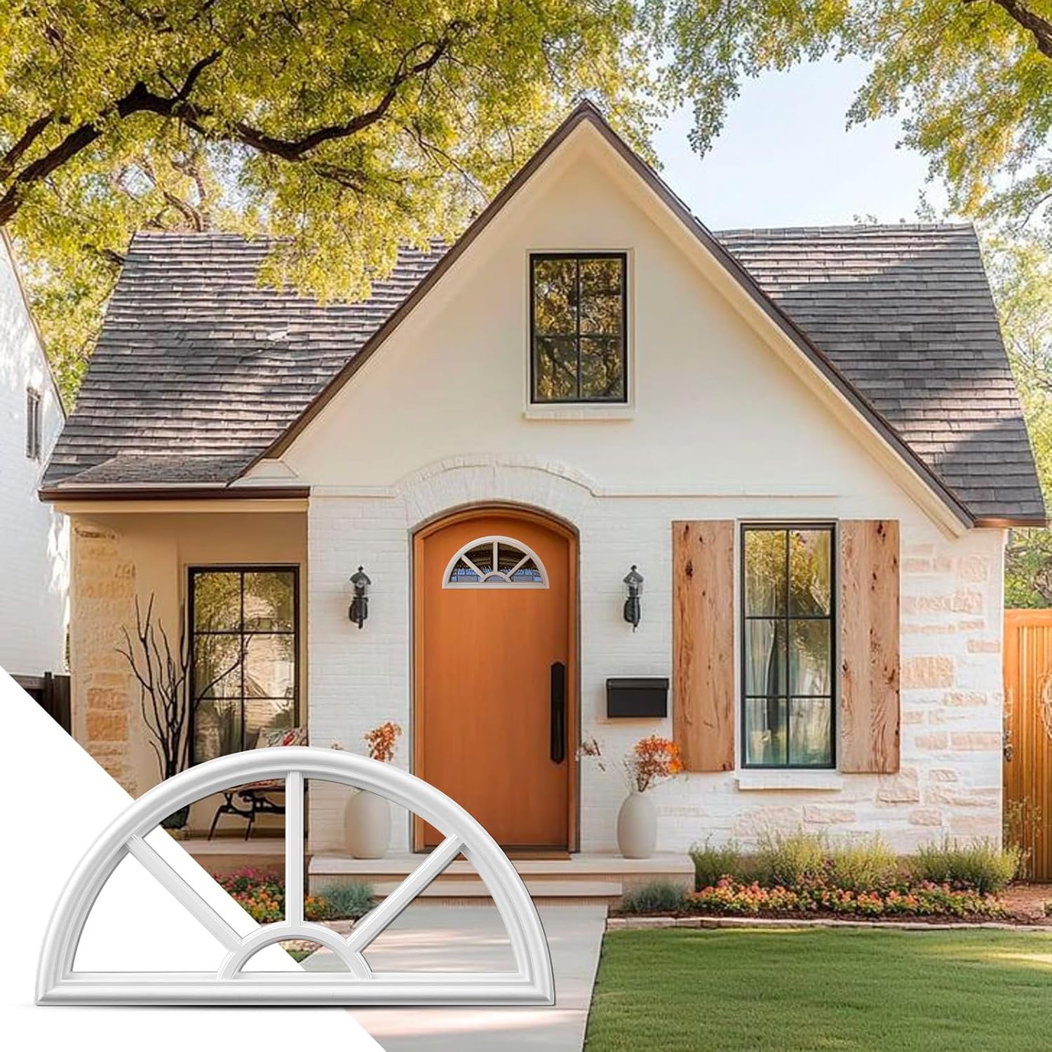 Pushglossy 1 Pcs 22" x 10" Entry Door Frame Half Round Top Exterior Door Only Replacement for 1" Glass (Glass Not Included) 5 Lite Exterior Front Doors Window Frame Insert Replacement (White)