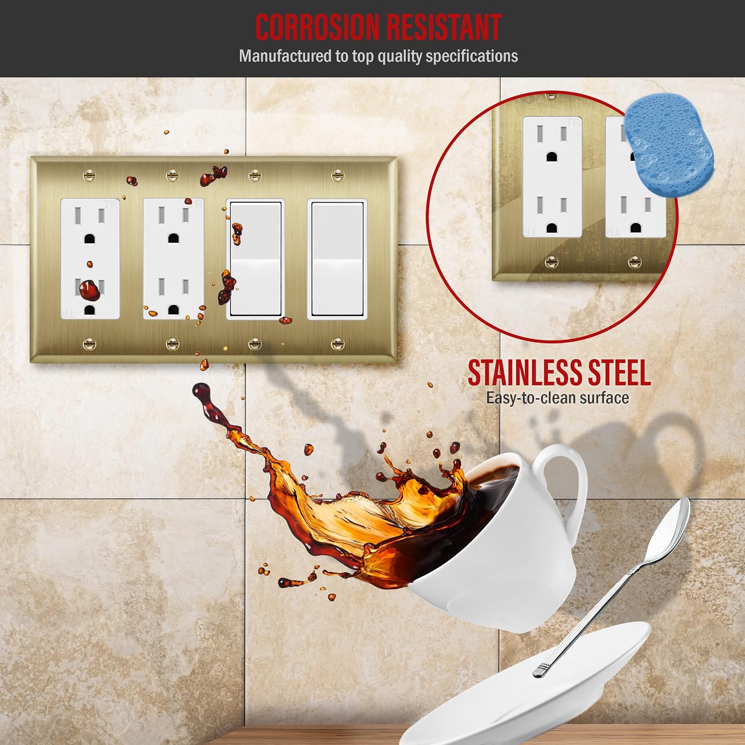 ENERLITES Decorator Switch or Outlet Metal Wall Plate, Stainless Steel 201, Corrosion Resistant, Size 4-Gang 4.50" x 8.19", UL Listed, 7734-BB, Brushed Brass, Gold