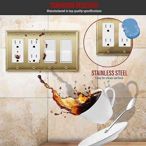 Miniatura 3 de ENERLITES Placa decorativa de pared metálica para interruptor o salida, acero inoxidable 201, resistente a la corrosión, tamaño de 4 segmentos, 4.50