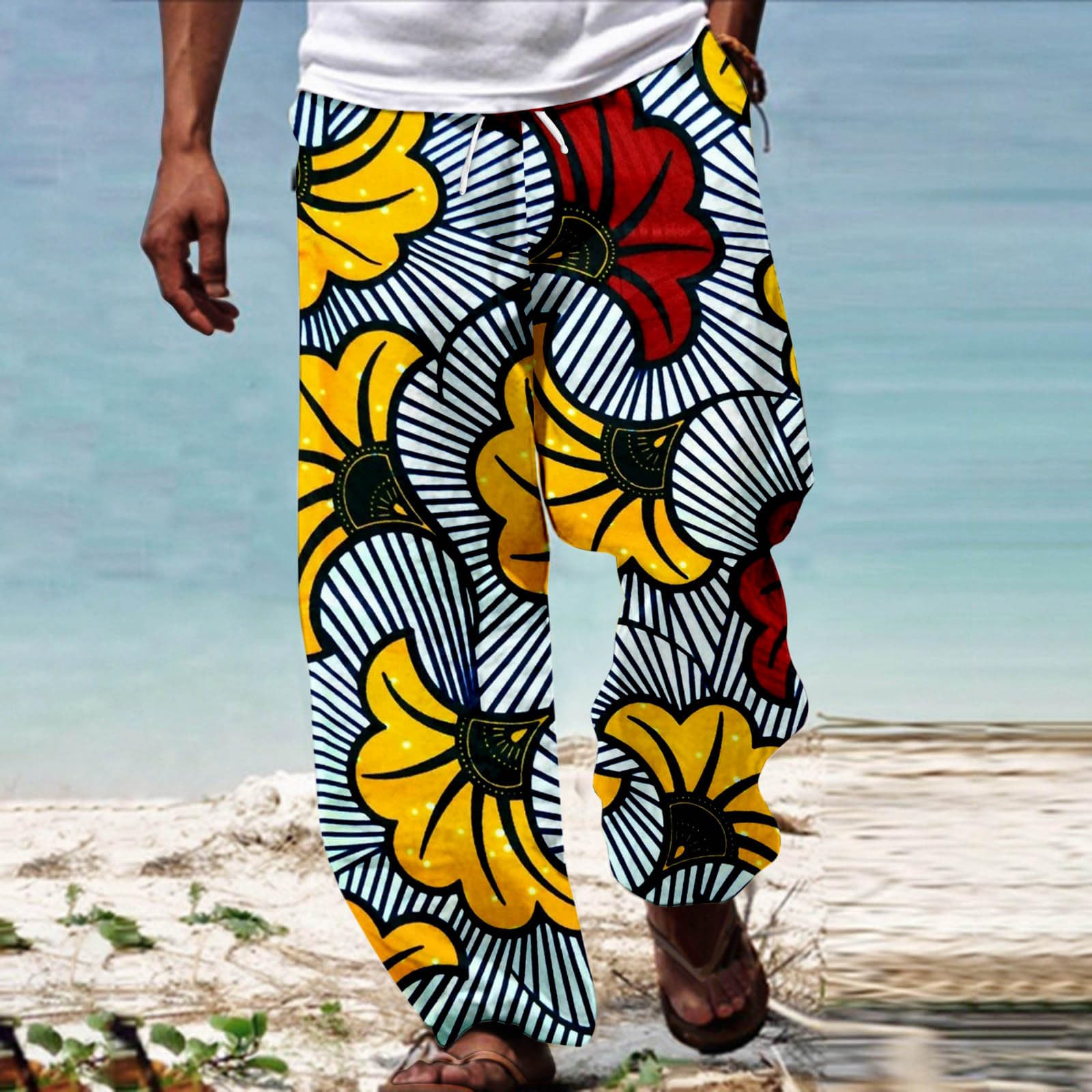 Pantaloni tradizionali africani in lino da uomo hawaiani, vacanze, spiaggia, ankara, pantaloni floreali, casual, alla moda, per attività all'aria aperta, comodi, da lavoro, casual, alla moda
