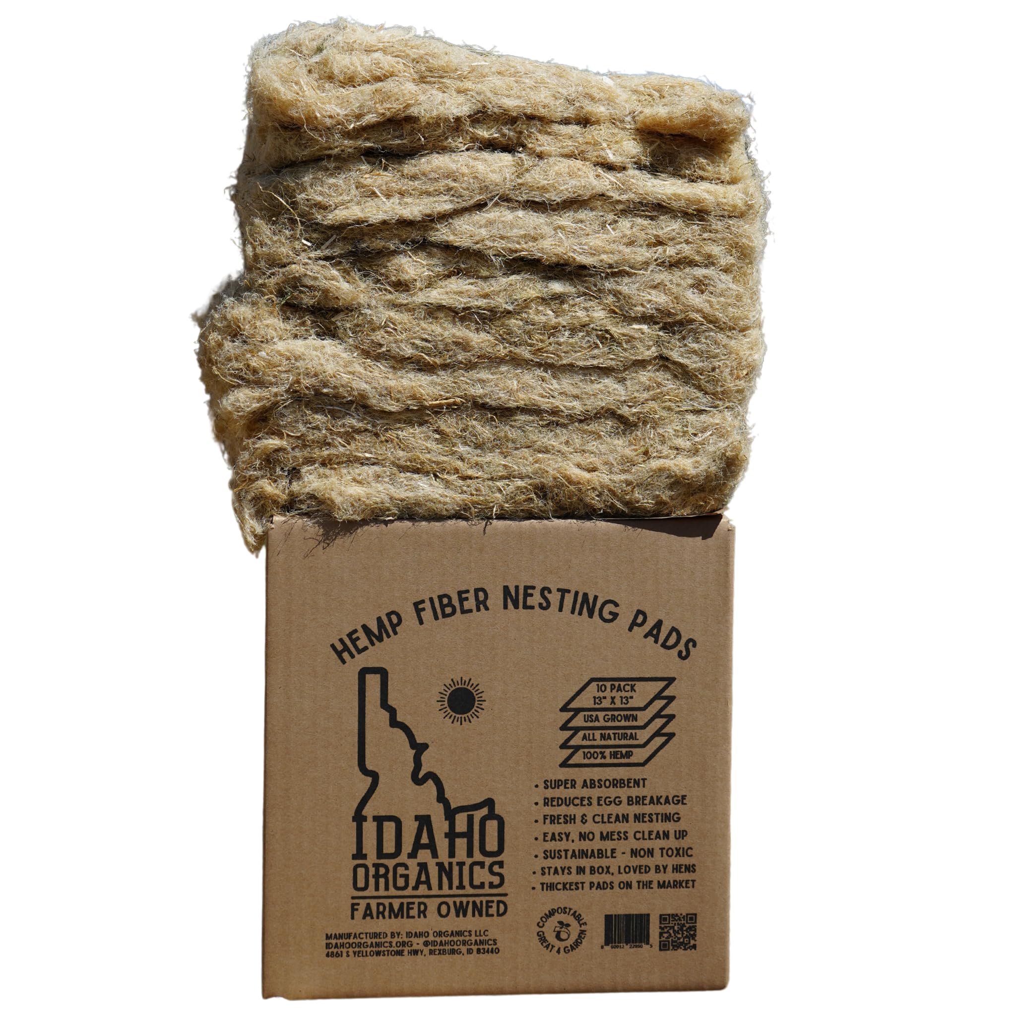 (New) Naturally Grown US Hemp Fiber Chicken Nesting Pads, for Hen Nesting Boxes or Chicken Coops. Super Absorbent, Nest Forming, Thermoretentive and Sustainable. 12”x12” (10 pack). Made in the USA.