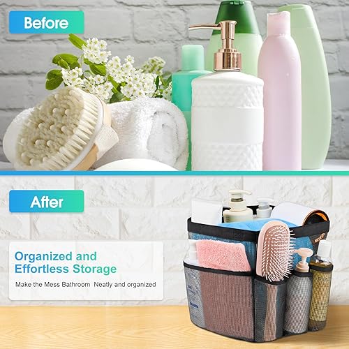 Miniatura 3 de Attmu Organizador de ducha de malla portátil para dormitorio universitario, artículos esenciales de habitación con 8 bolsillos, cesta colgante de