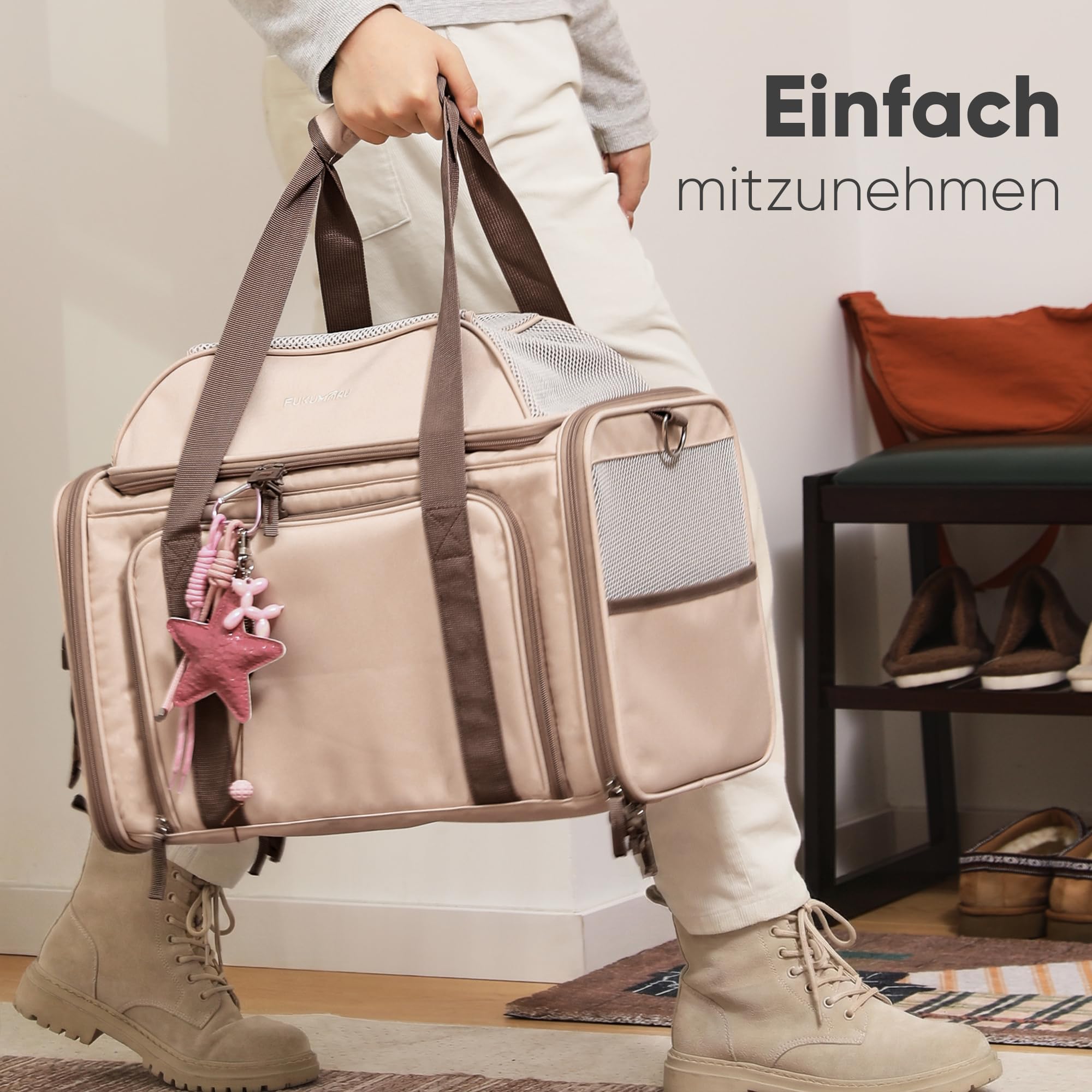 FUKUMARU Erweiterbar Katzenrucksack Hunderucksack für Katzen Hunde bis 9kg, weiche und belüftete Katzentransportbox, strapazierfähige Transportbox mit kratzfestem Netz, Rosa, 46 x 30 x 28 cm