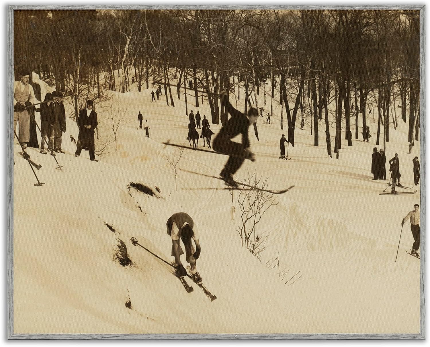 'Vintage Ski Slopes Winter Athletes Sepia Tone'| Framed Giclee Art