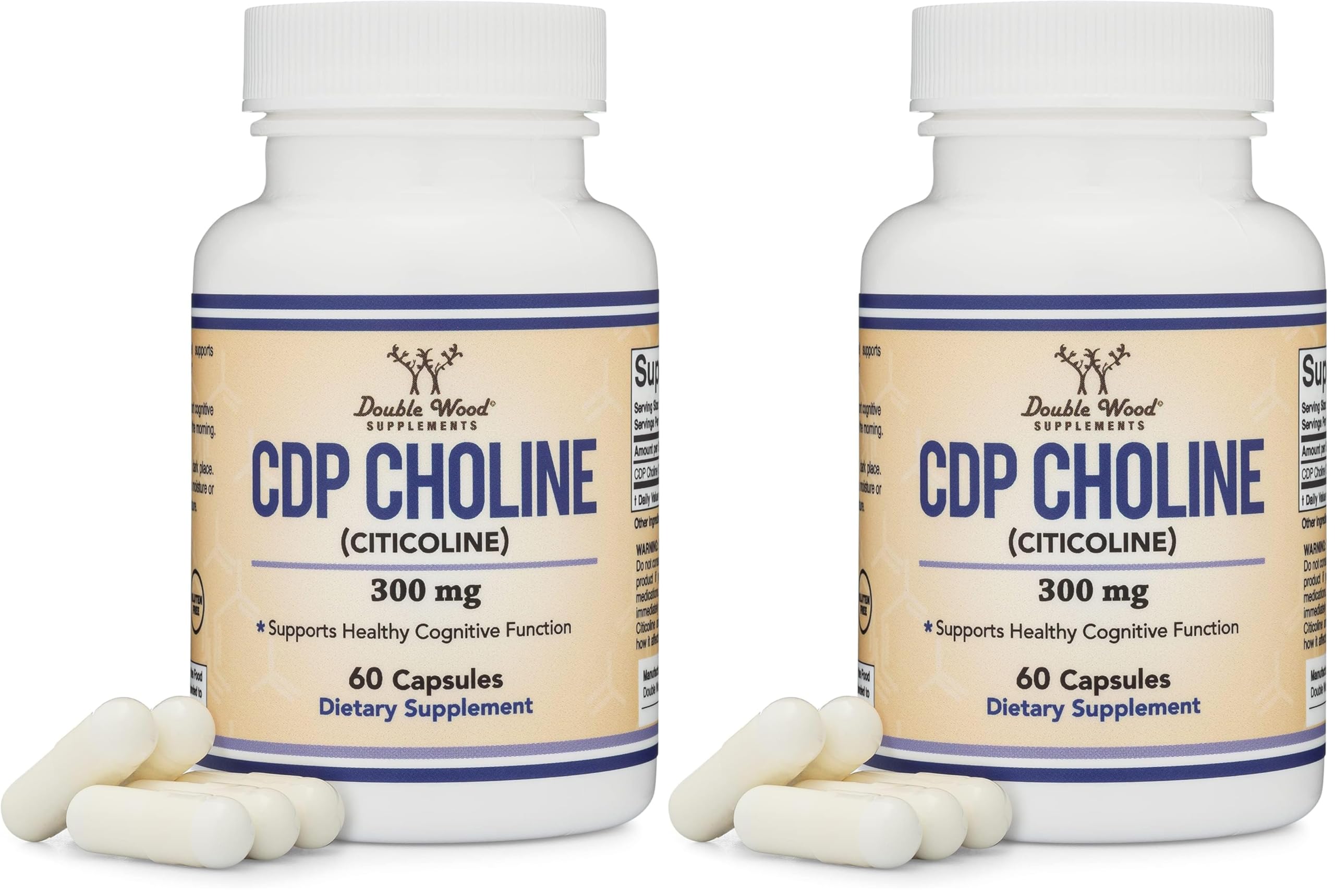 Double Wood Supplements CDP Choline (Citicoline) Supplement, Pharmaceutical Grade, Third Party Tested (60 Capsules 300mg) (Pack of 2) 60 Count (Pack of 2)