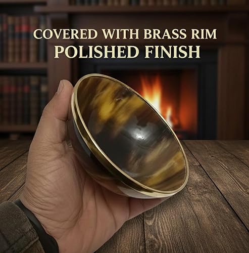 Miniatura 4 de Tazón decorativo para afeitar, servir y cuenco decorativo con borde de latón, hecho a mano con cuerno de yak natural, cuenco para servir, cuenco