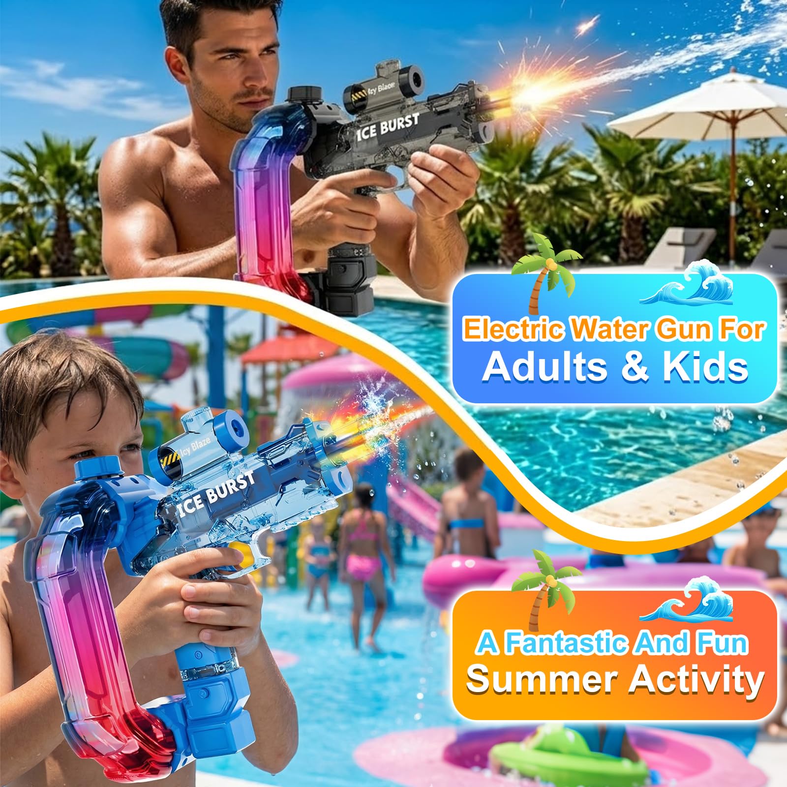 Pistola Ad Acqua Elettrica Per Bambini,Fucile Ad Acqua Automatica Con Gittata Fino, Electric Water Gun luce LED giocattoli regali per adulti ragazzi ragazze 6 7 8+ (Pistola 2 pezzi)