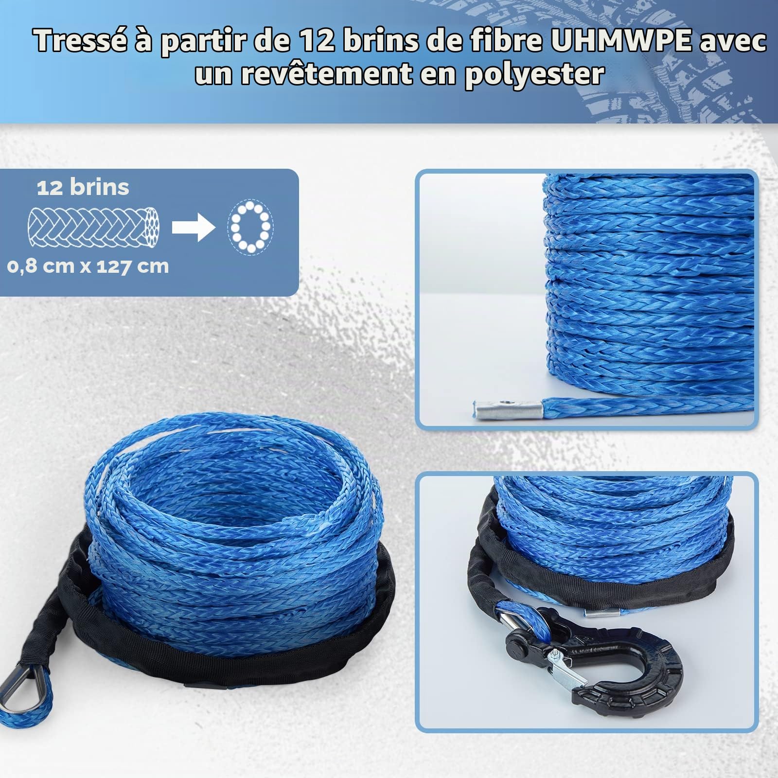 Corde de treuil synthétique de 1,6 cm x 15,2 m, 5 896,7 kg – Câble synthétique avec Manchon de Protection + Crochet de treuil forgé pour véhicule Tout-Terrain, VTT, UTV, VUS, Camion, Bateau,