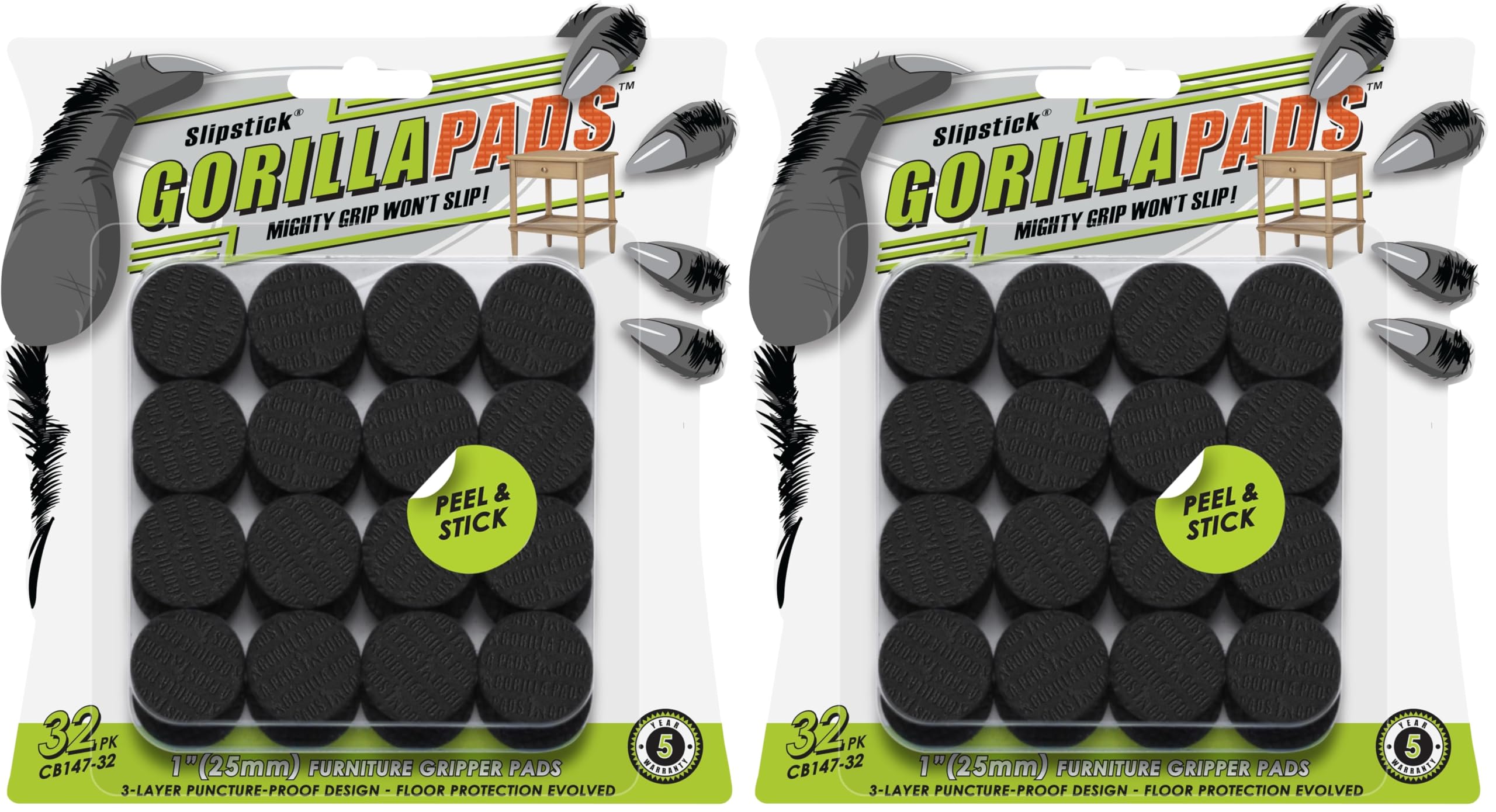GorillaPads 1 Inch Non-Slip Furniture Pads/Gripper Feet Skids (Set of 32) Self Adhesive Rubber Floor Protectors, Round, Black, CB147-32 (Pack of 2)