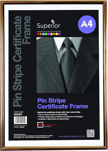 Stewart Superior A4 Pin Stripe Certificate Frame with Perspex Safety Glass - Black/Gold