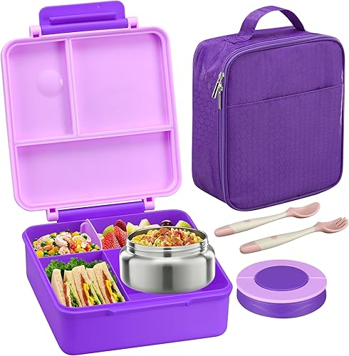 Miniatura 8 de Lonchera Bento para niños con bolsa térmica de sopa y almuerzo de 8 onzas, recipientes de comida a prueba de fugas con 4 compartimentos, tarro de