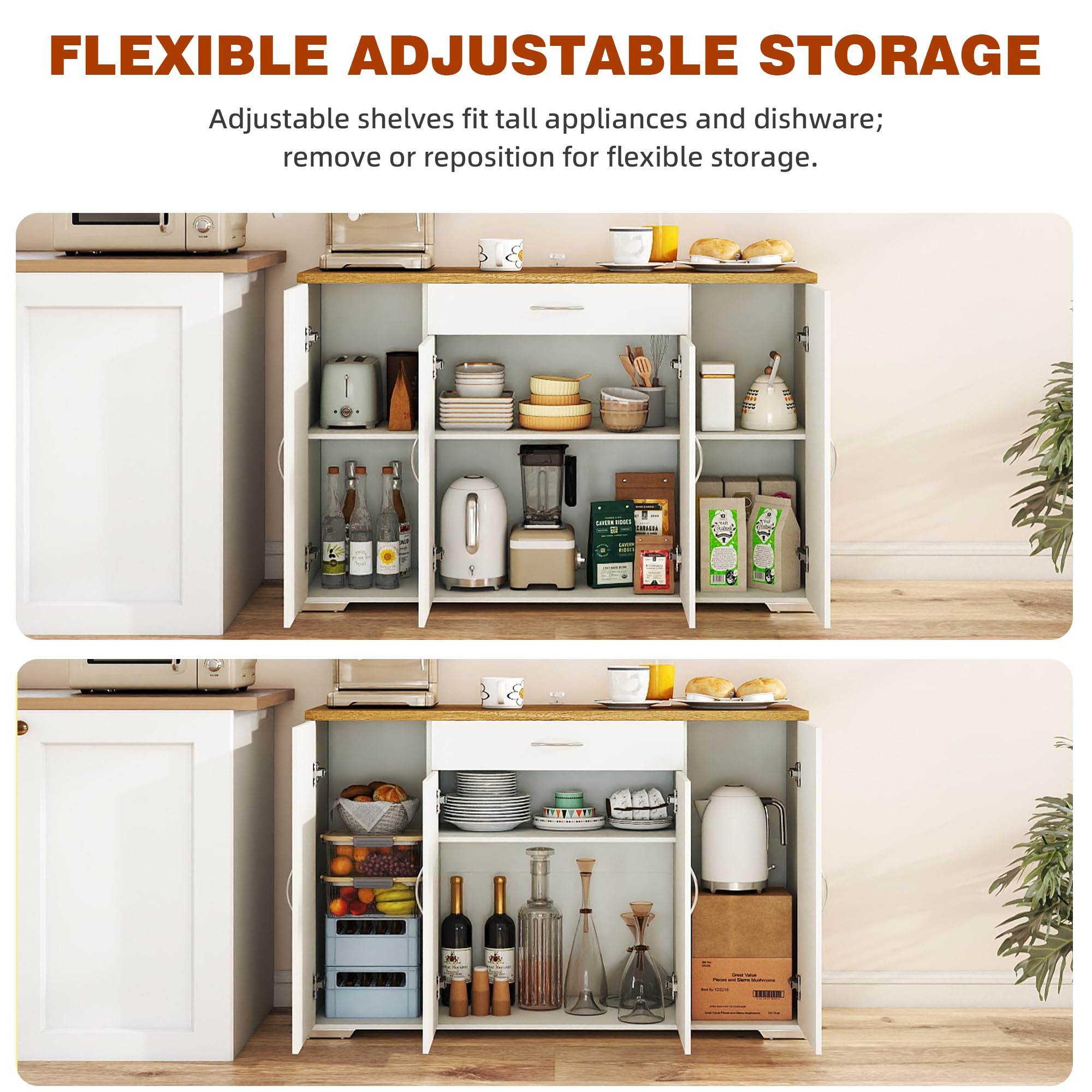 Credenza Cucina Moderna 110×30×70 cm, Mobile Cucina Salvaspazio con 1 Cassetto e 4 Ante, Madia Cucina Antiribaltamento, Legno MDF, Bianca
