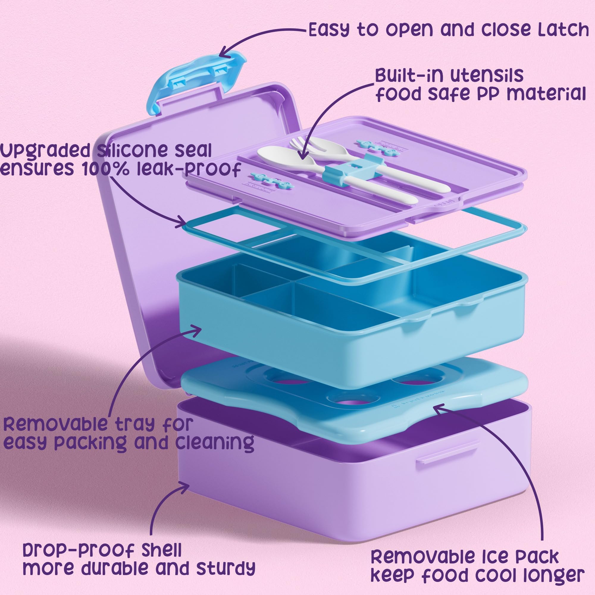 Fimibuke Chill Bento-Box für Kinder und Erwachsene, Kleinkinder, Lunchbox mit Eisbeutel | Lebensmittelbehälter mit 4 Fächern, auslaufsicher, BPA-frei, für Mädchen, Jungen, Schule, mikrowellen- und spülmaschinenfest