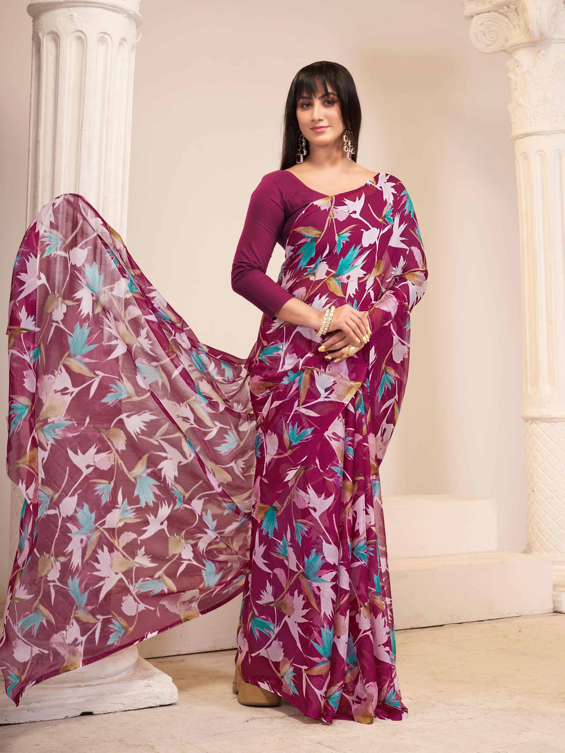 Garden Vareli Women's Floral Print Nara Chiffon Saree Wine 1