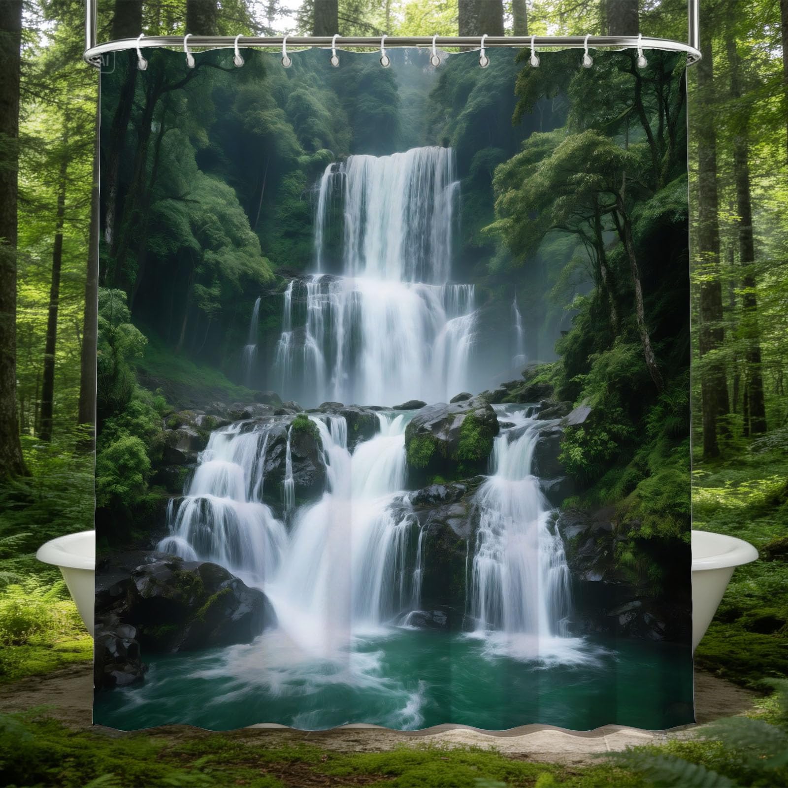 Hongduo 3D Forest Waterfall Landscape Shower Curtain for Stalls Bathtubs Tropical Rain Woods Bathroom Decor Shower Curtain Set Polyester Fabric Waterproof 200x200cm/79X79 Inch with Hooks