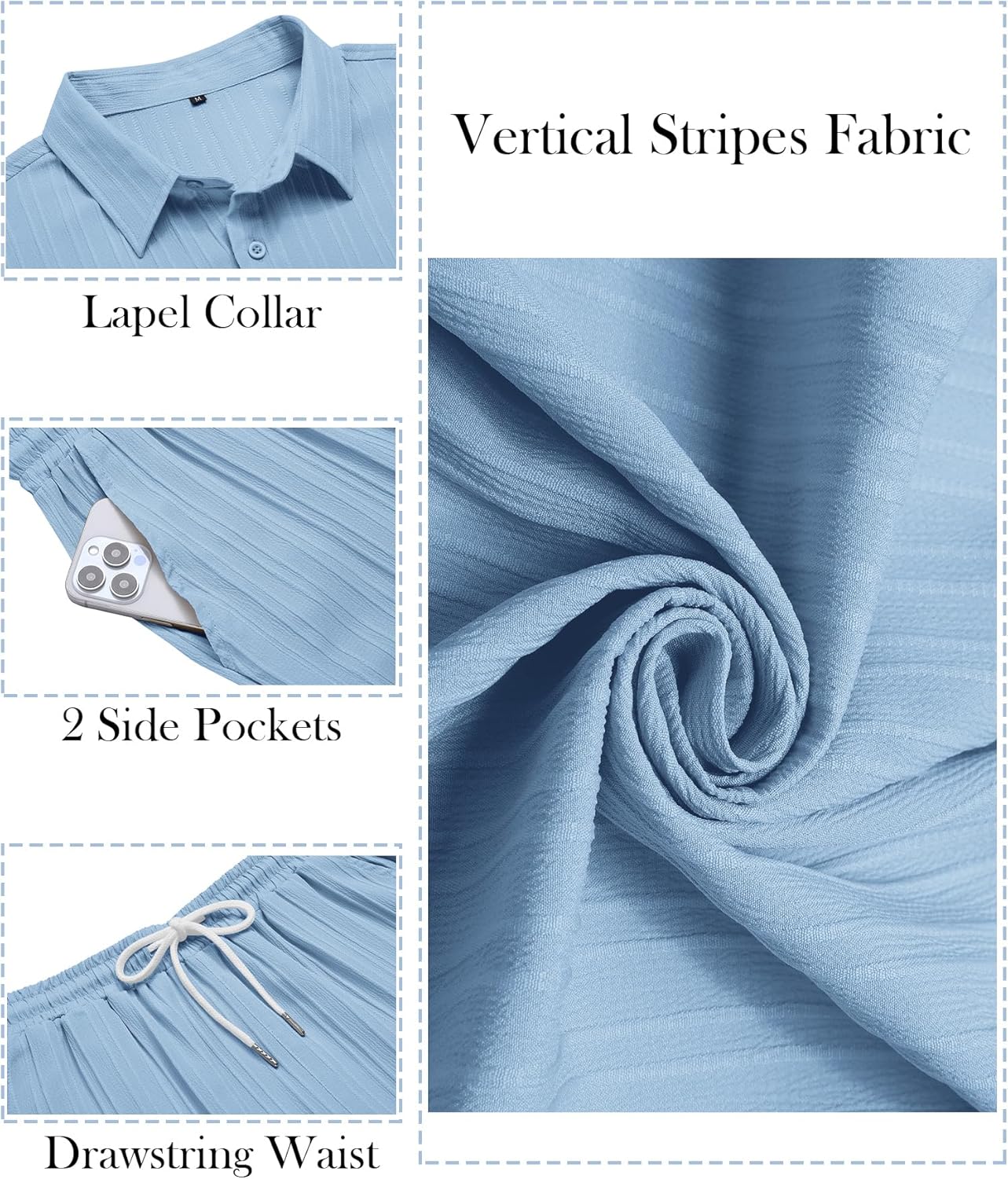 LecGee Men's 2 Piece Vertical Striped Textured Outfits Summer Casual Button Down Shirts And Pants Matching Sets - Image 3