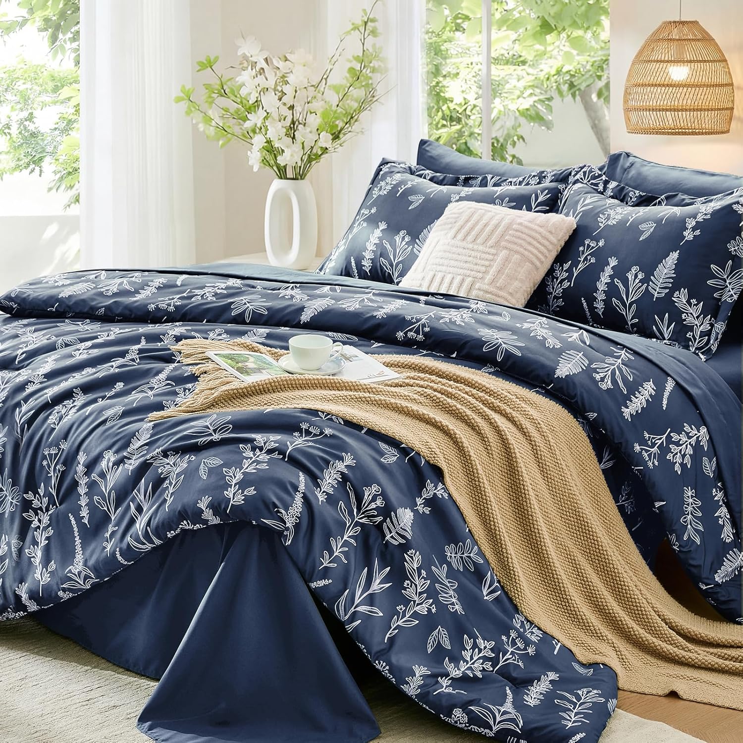 MUXHOMO Navy Blue King Comforter Set, Elegant Floral Print Bed in a Bag 7 Pieces, Ultra Soft & Breathable Reversible Botanical Pattern Bedding Set with Comforter, Sheets, Pillowcases, and Shams